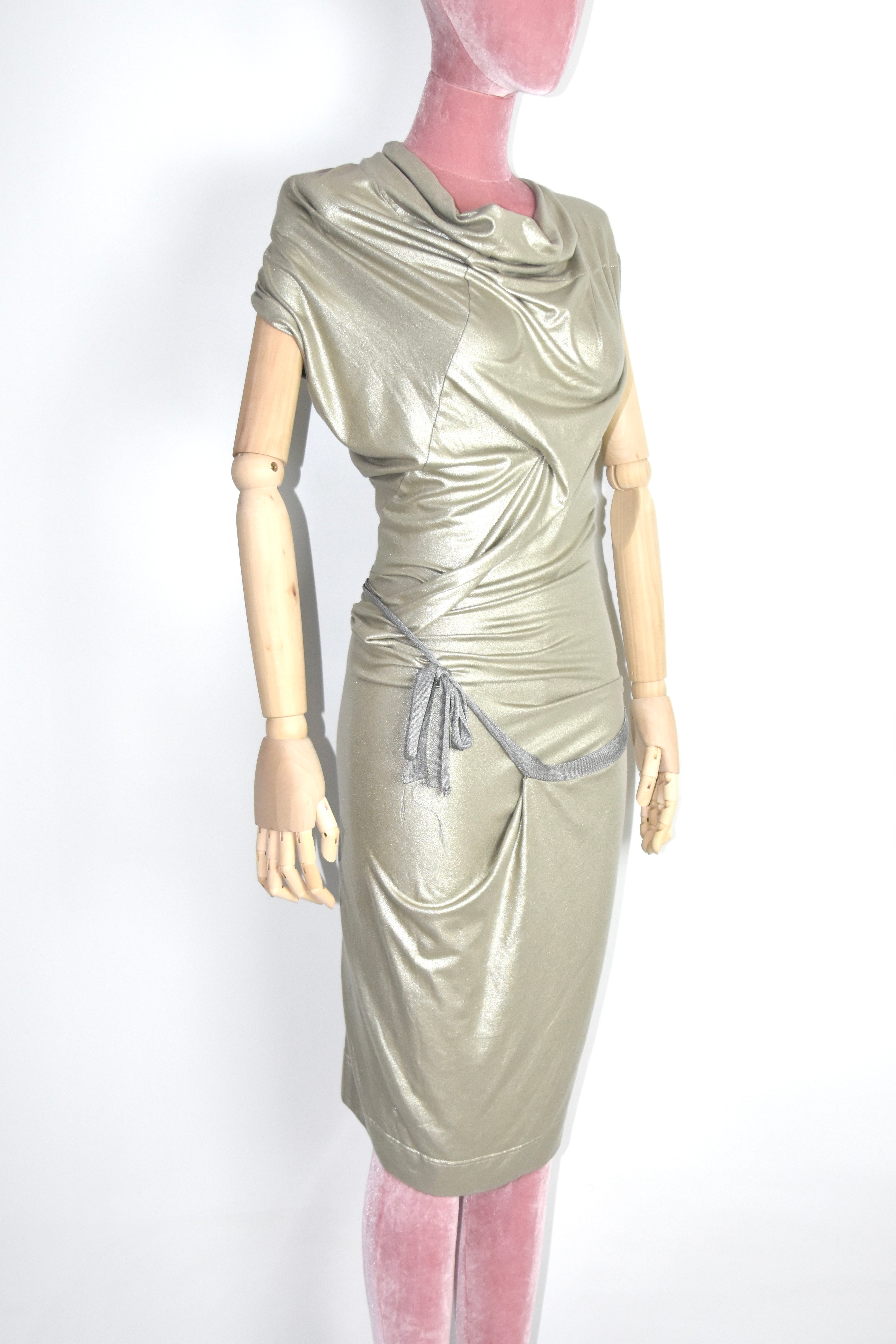 Vivienne Westwood Anglomania Draped Metallic Gold Asymmetric Dress – Italian Made Sculptural Archive Piece