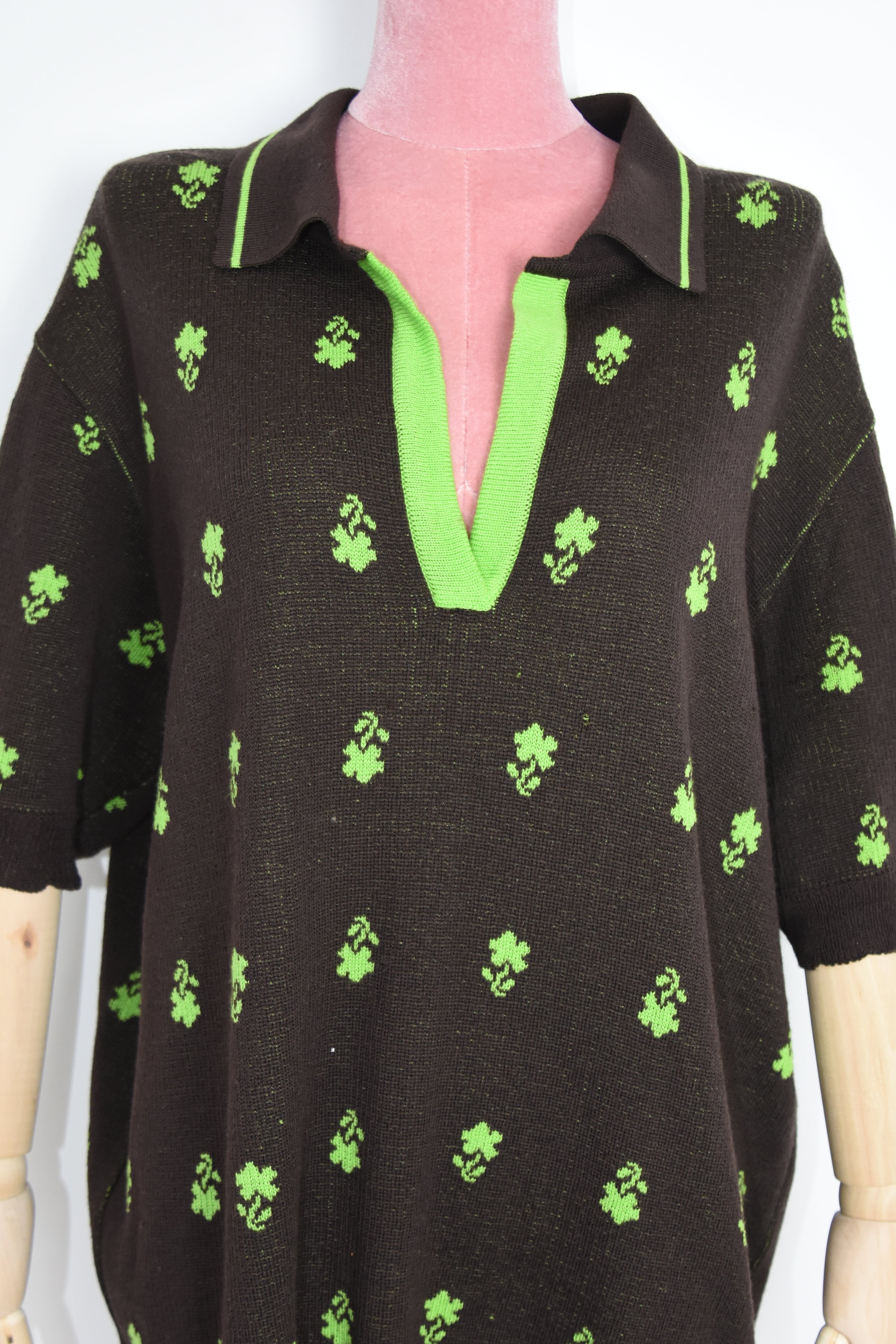 SKARULE Green Floral Jacquard Knit Polo Shirt