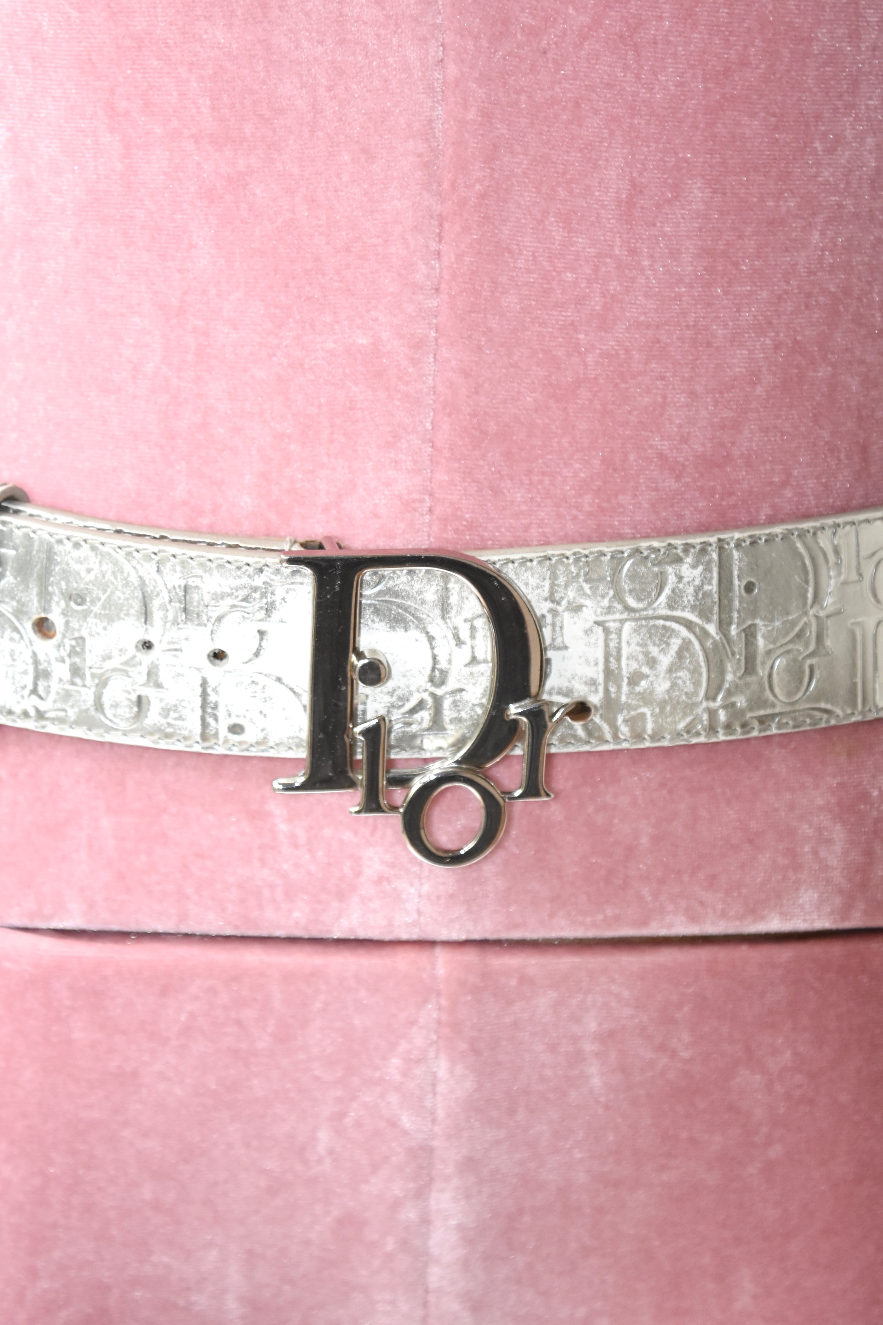 Christian Dior Silver Embossed Logo Buckle Belt