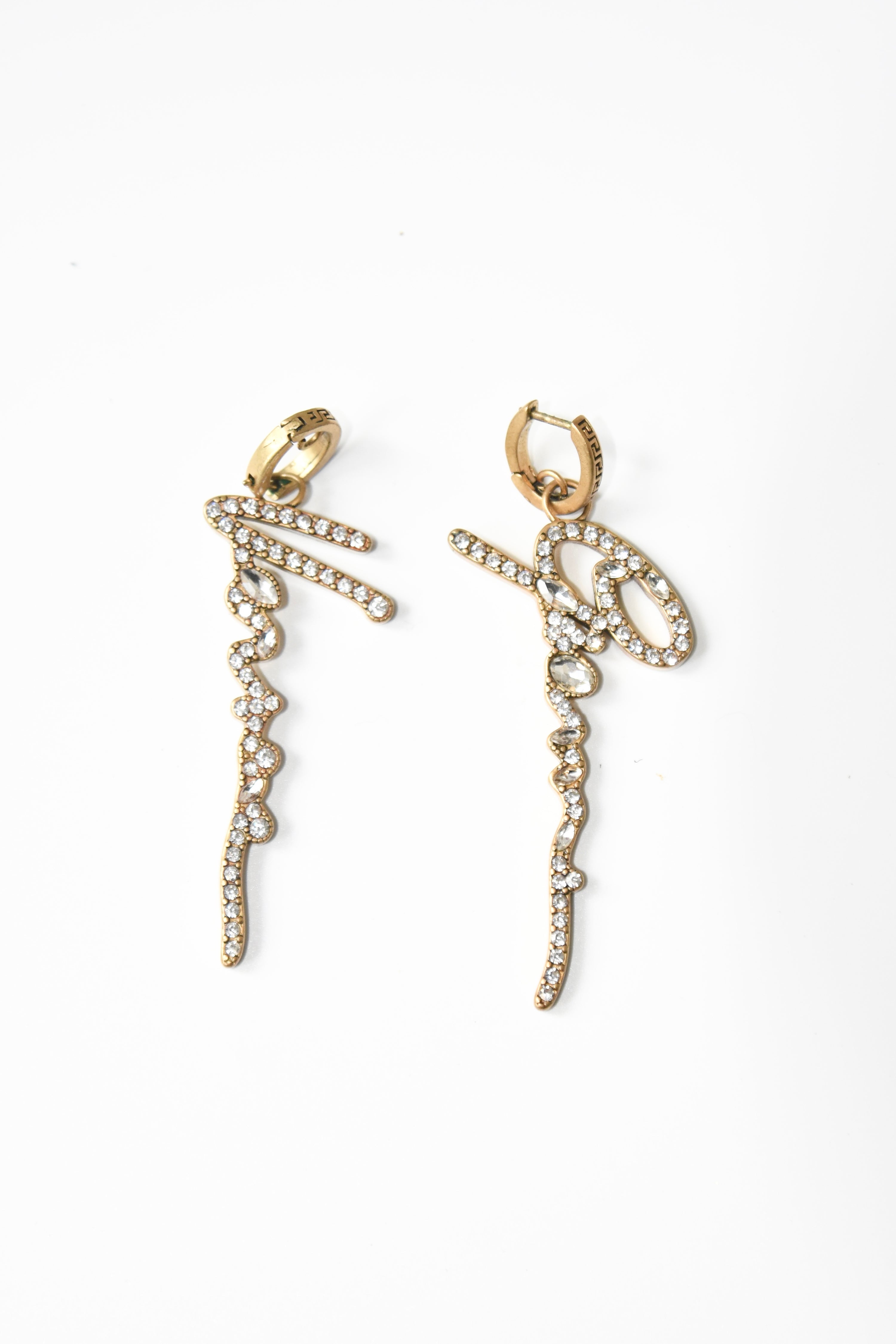 Gianni Versace Crystal Logo Drop Earrings – Vintage Gold Tone Statement Jewelry