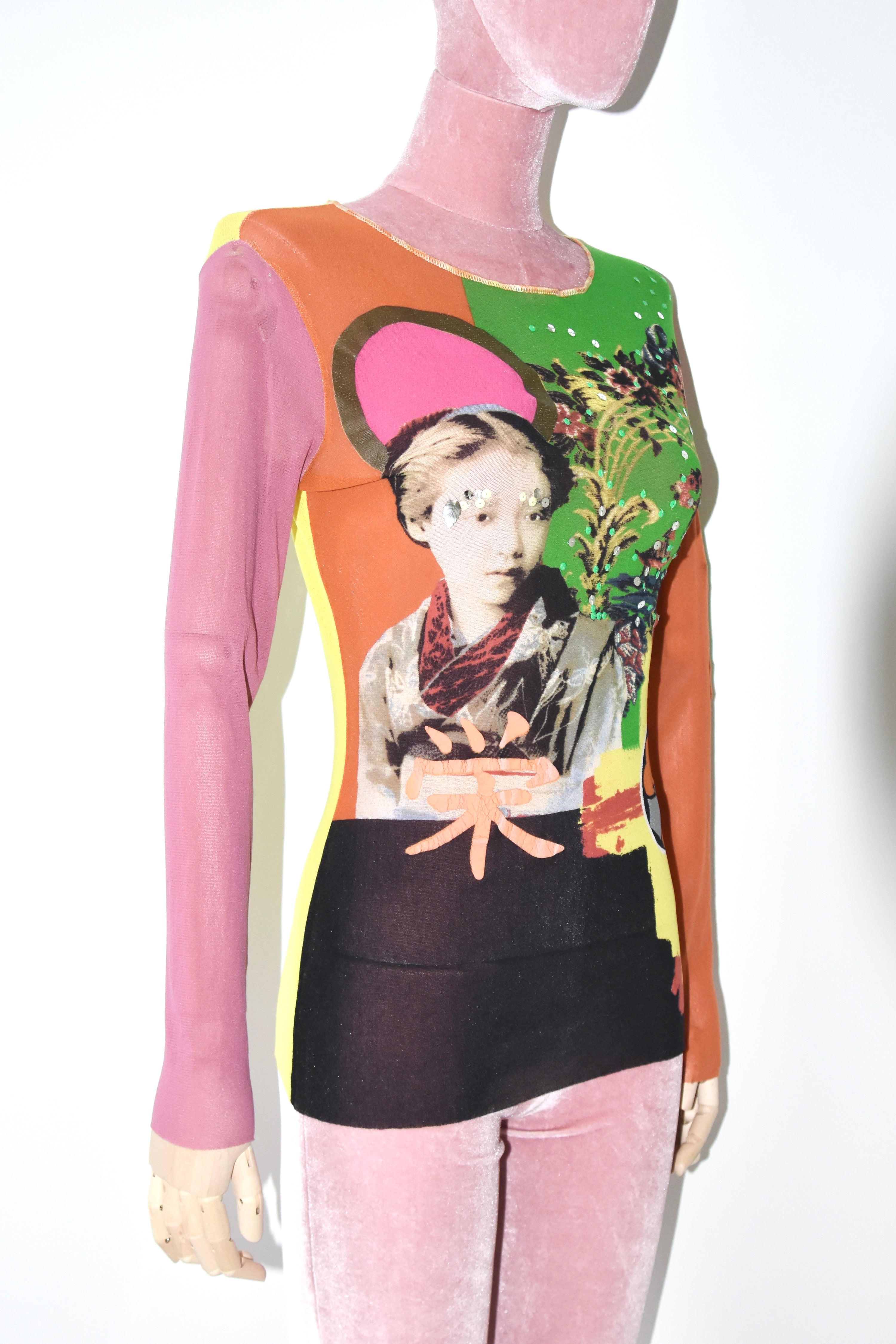 Jean Paul Gaultier Vintage Mesh Portrait Top with Chinese Characters