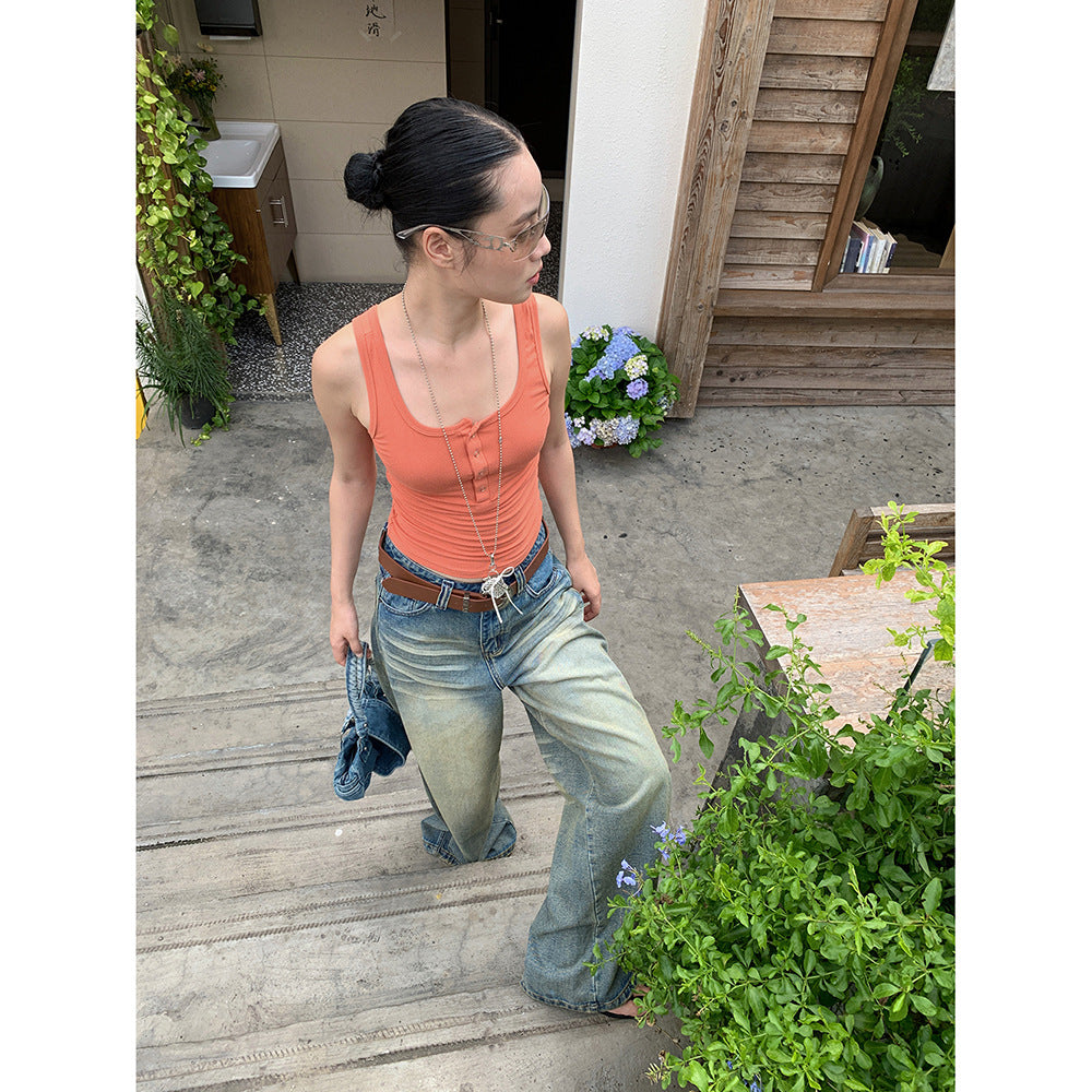 Unique distressed jeans for women loose wide-leg pants(with Belt)
