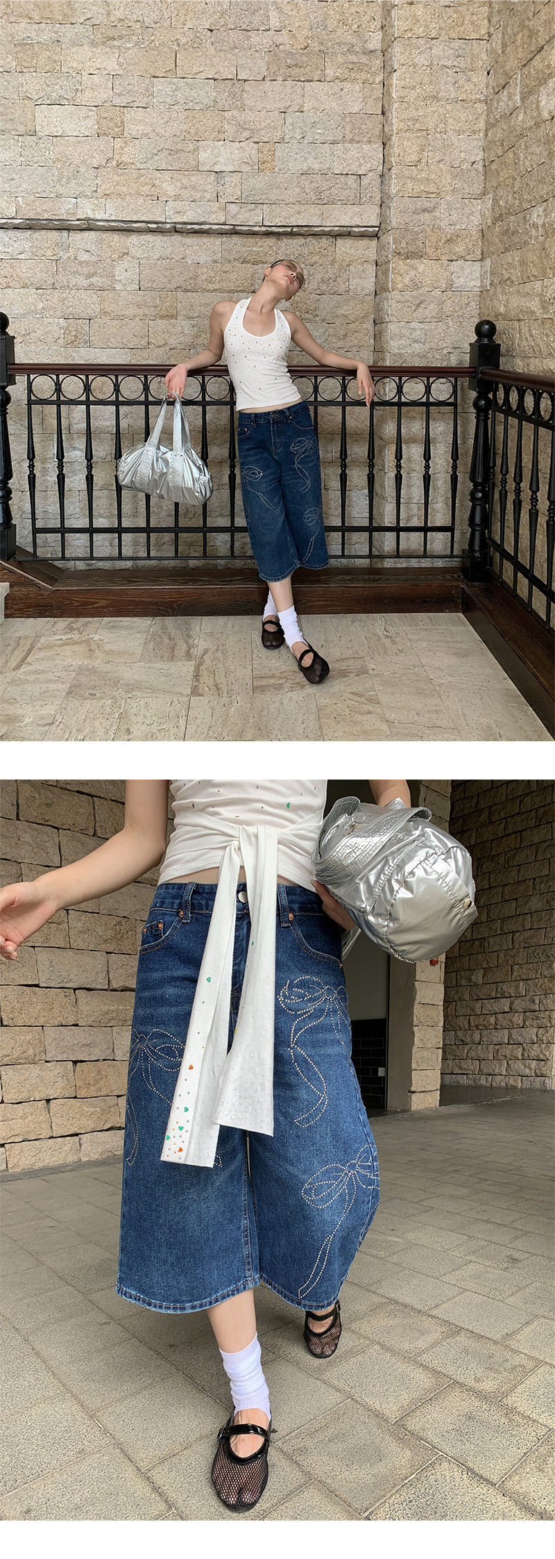 Rhinestone Bowknot Denim Shorts for Women Summer Shiny Wide-Leg Capri Pants