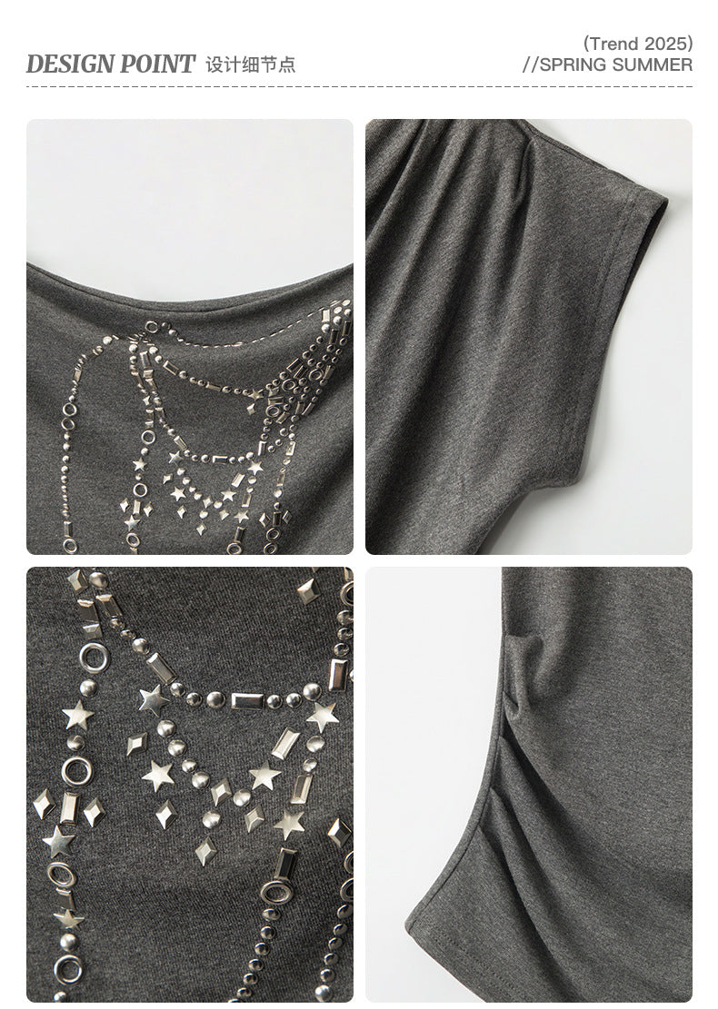 Off-shoulder design one-shoulder spicy short style T-shirt 2025 New summer short-sleeved off-shoulder top for women