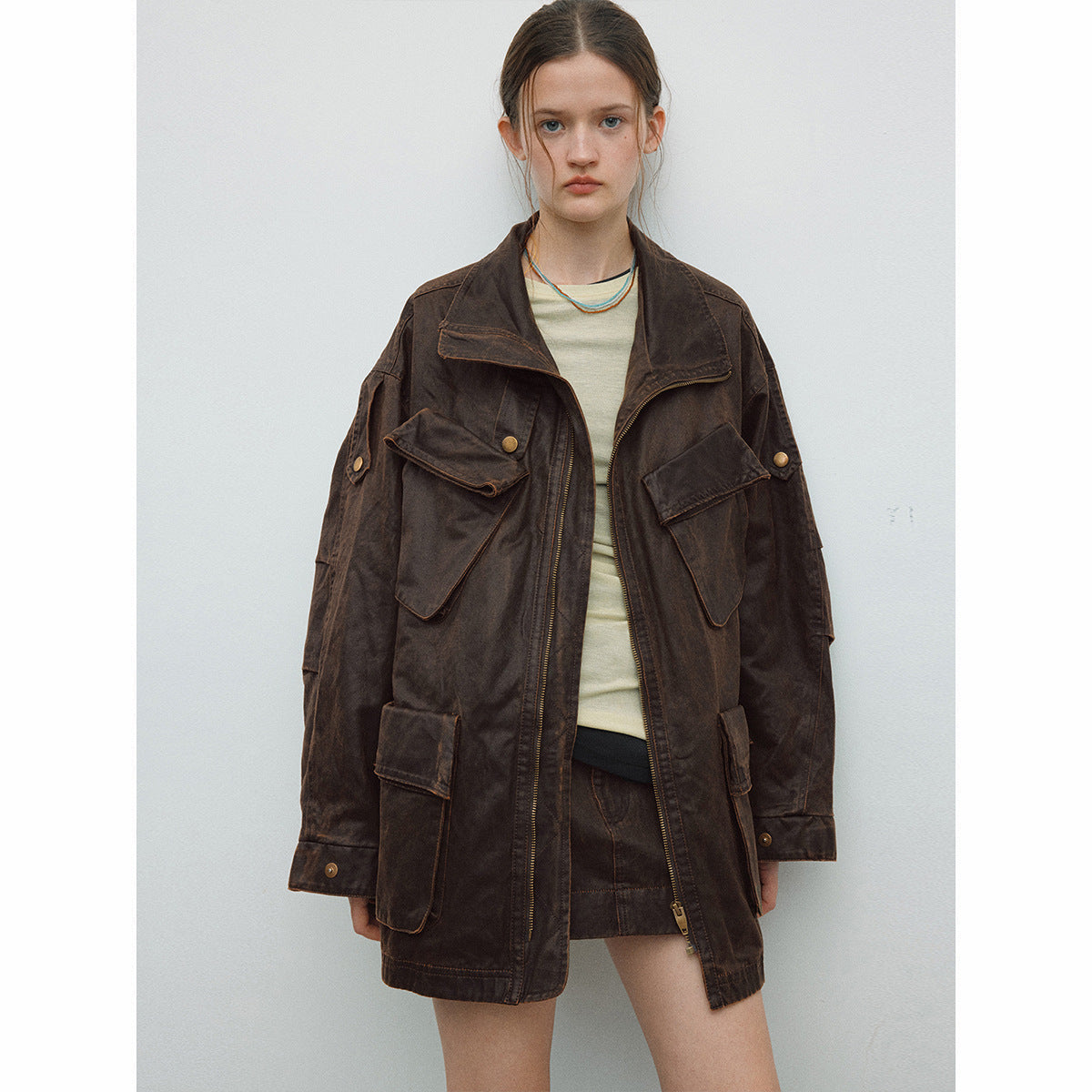 Spring New Casual Turn-Down Collar Vintage Distressed Multi-Pocket Versatile Long Jacket Coat