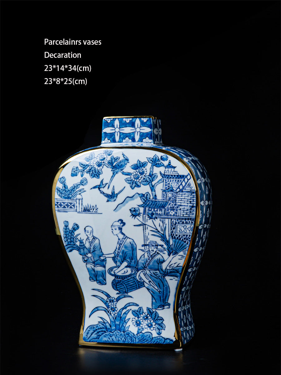 Oriental Paris Blue and White Porcelain Grisaille New Chinese Style Ink Painting Gold-Embossed Color Porcelain Vase Ornament