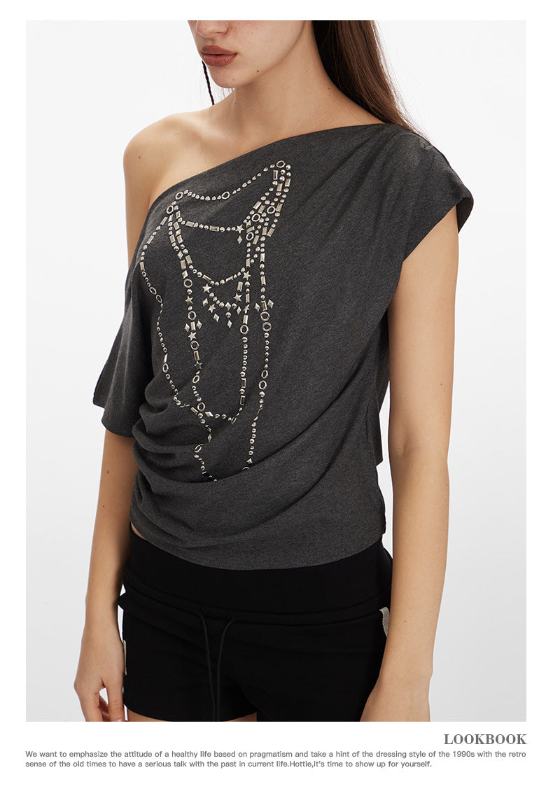 Off-shoulder design one-shoulder spicy short style T-shirt 2025 New summer short-sleeved off-shoulder top for women