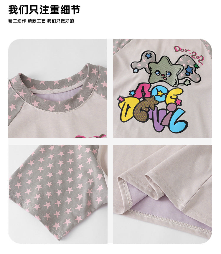 Light Brown Cartoon Print Pink Stars Short Sleeve Unisex Summer T-shirt