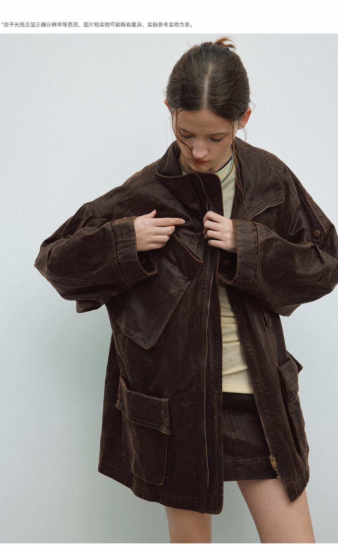 Spring New Casual Turn-Down Collar Vintage Distressed Multi-Pocket Versatile Long Jacket Coat