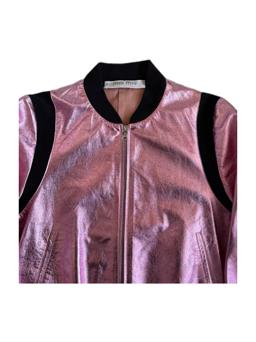 MIU MIU Metallic Pink Leather Bomber Jacket