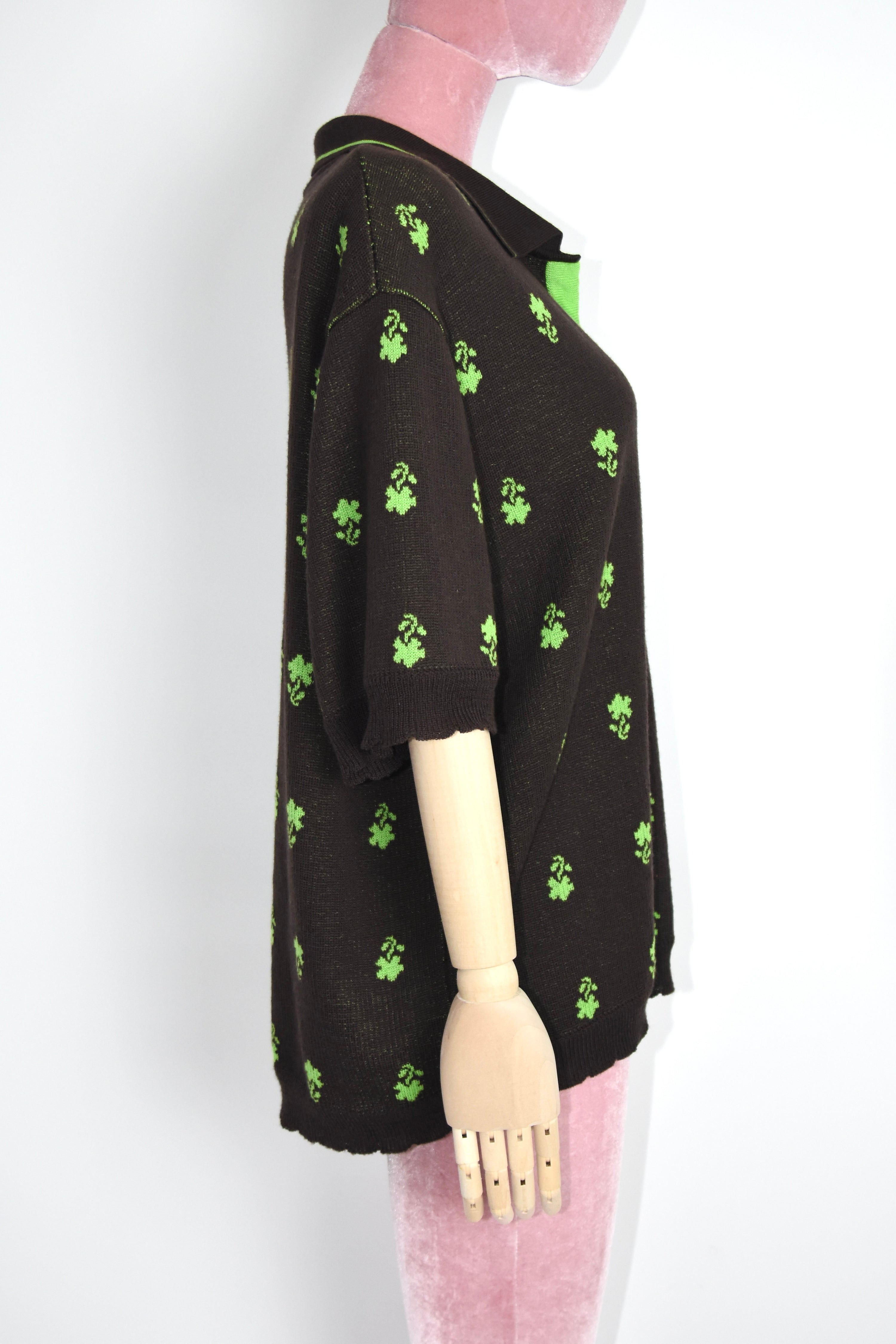 SKARULE Green Floral Jacquard Knit Polo Shirt