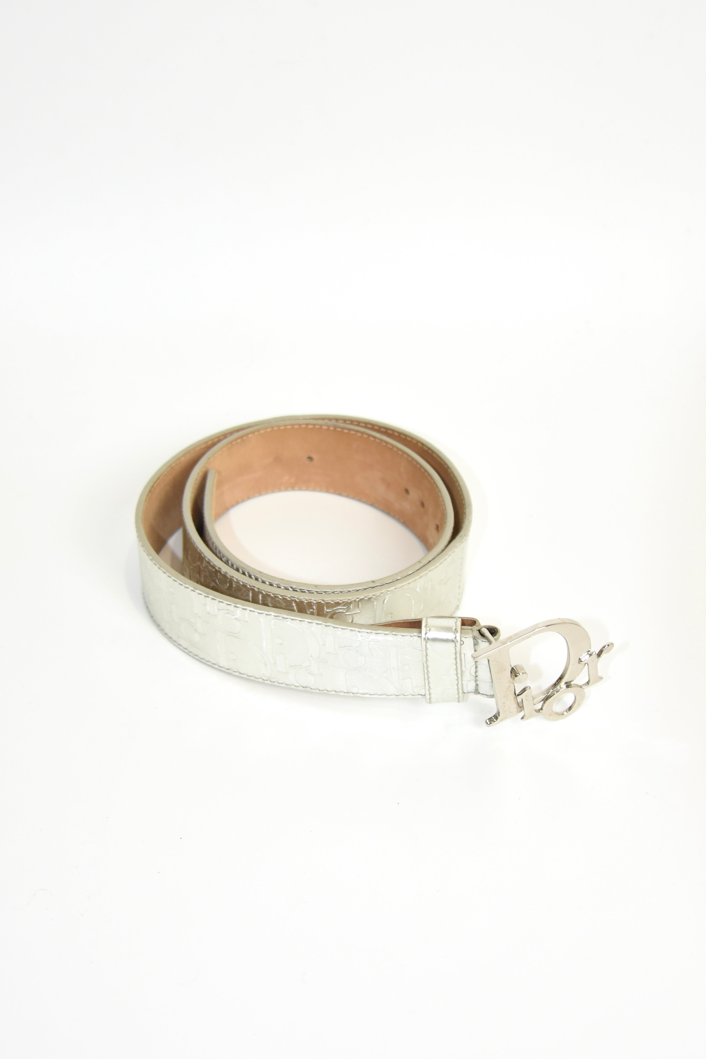 Christian Dior Silver Embossed Logo Buckle Belt