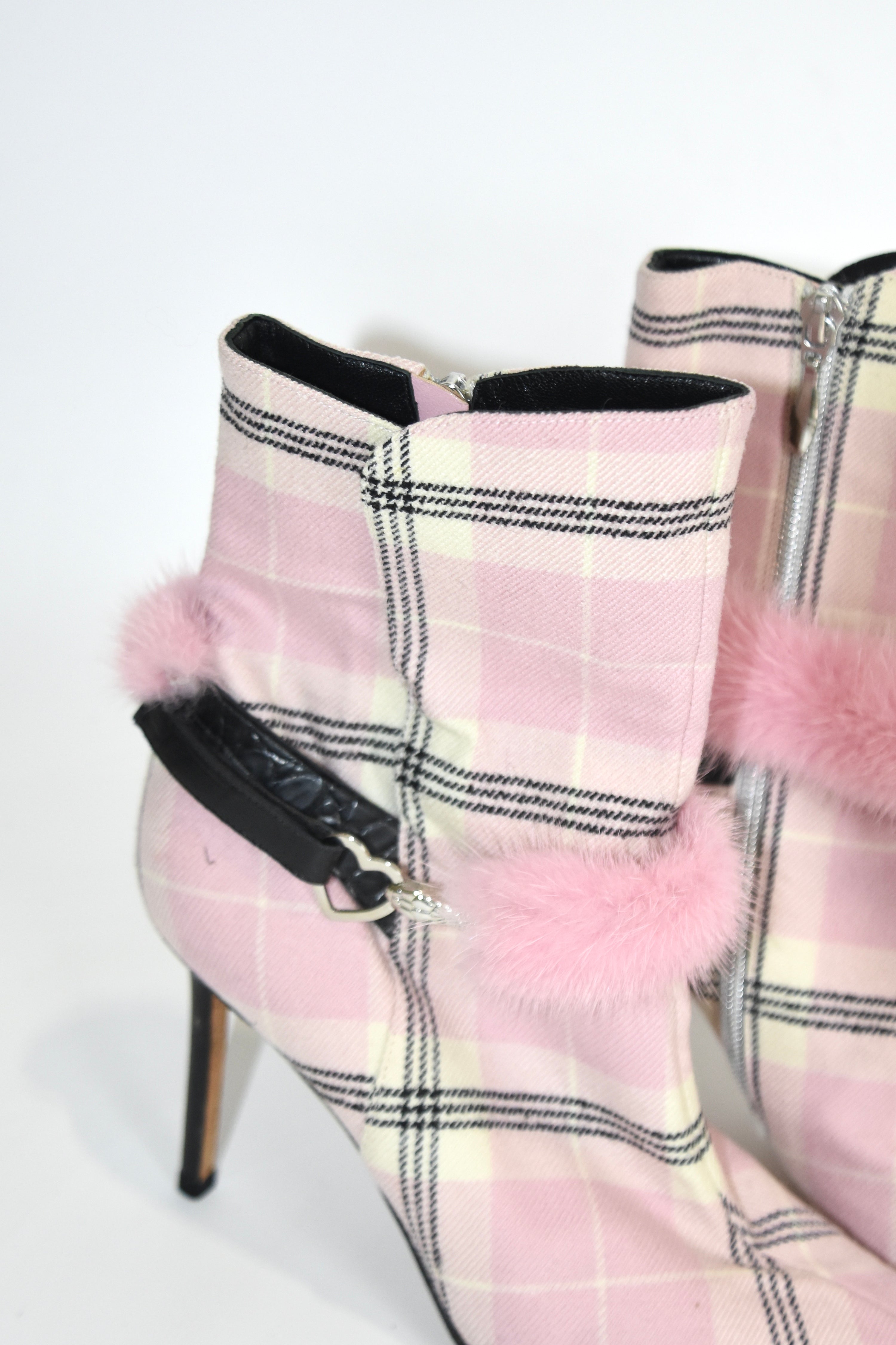 John Galliano Pink Check & Faux Fur Y2K Heeled Boots
