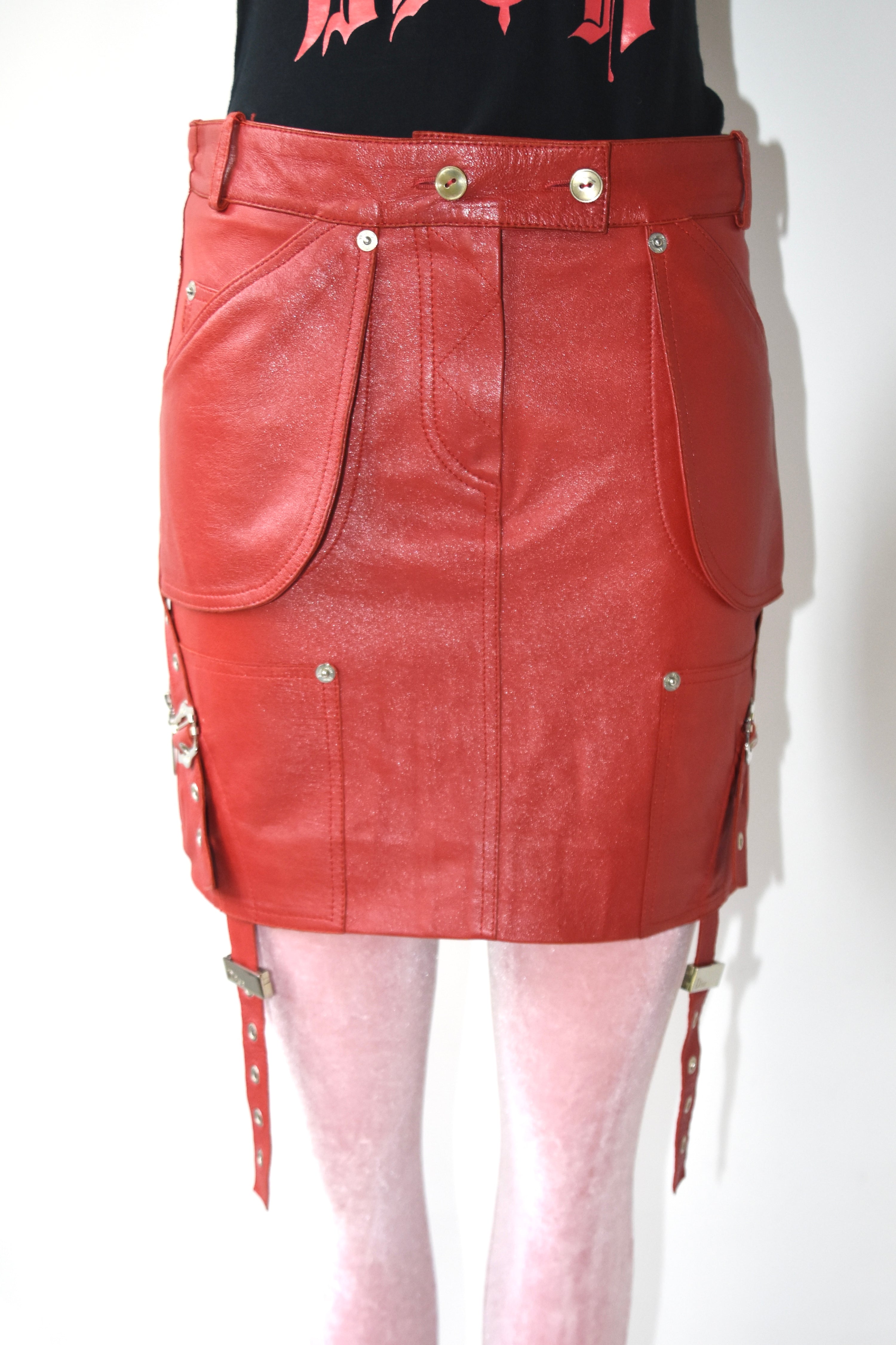 Christian Dior by John Galliano Red Hardcore Punk Leather Mini Skirt