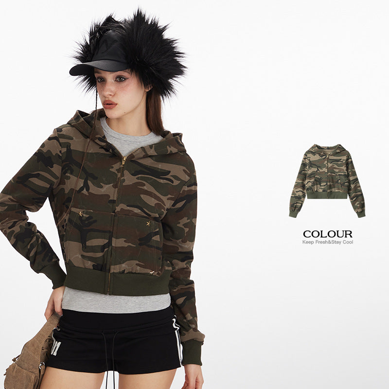 Camouflage short hot girl hooded sweatshirt for women2025Spring and Autumn Zipper Retro Cardigan Jacket