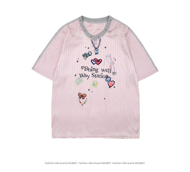 Sweet Sports Jersey V Collar pink short sleeves Unisex T-shirt 2025 Summer Fashion Trend