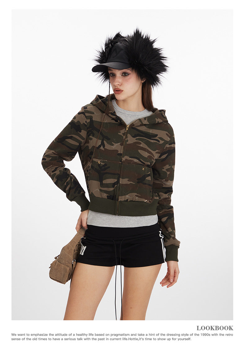 Camouflage short hot girl hooded sweatshirt for women2025Spring and Autumn Zipper Retro Cardigan Jacket