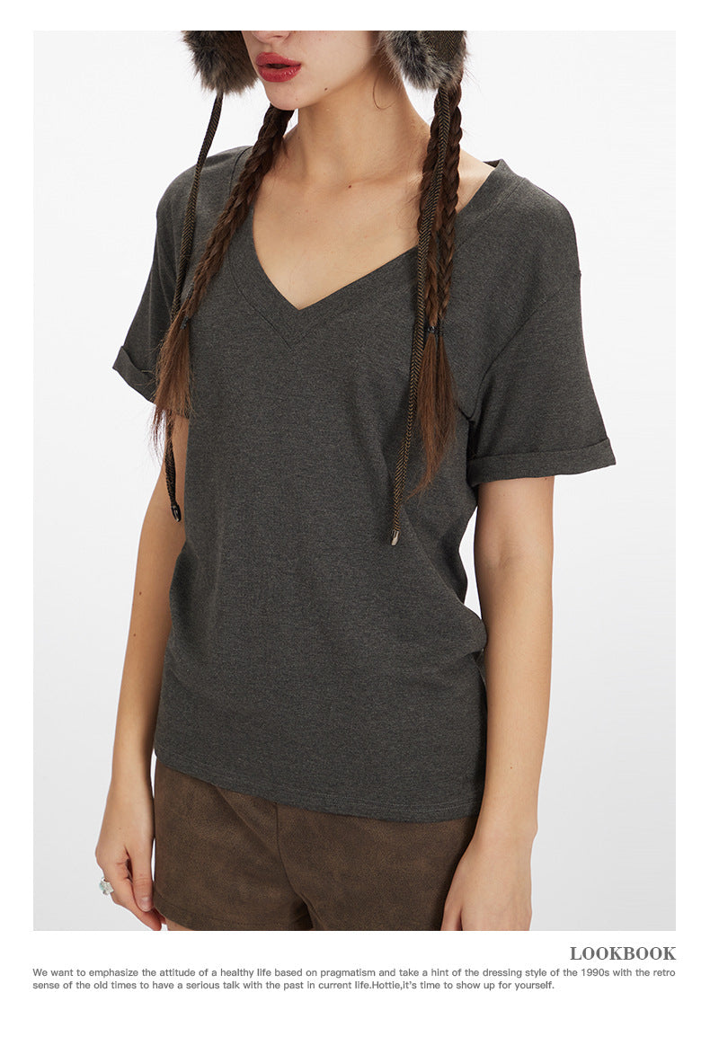 Simple Hot Girl Slimming Solid Color Top Slim Fit V Versatile Basic Short Sleeve Shirt T Women's T-shirt