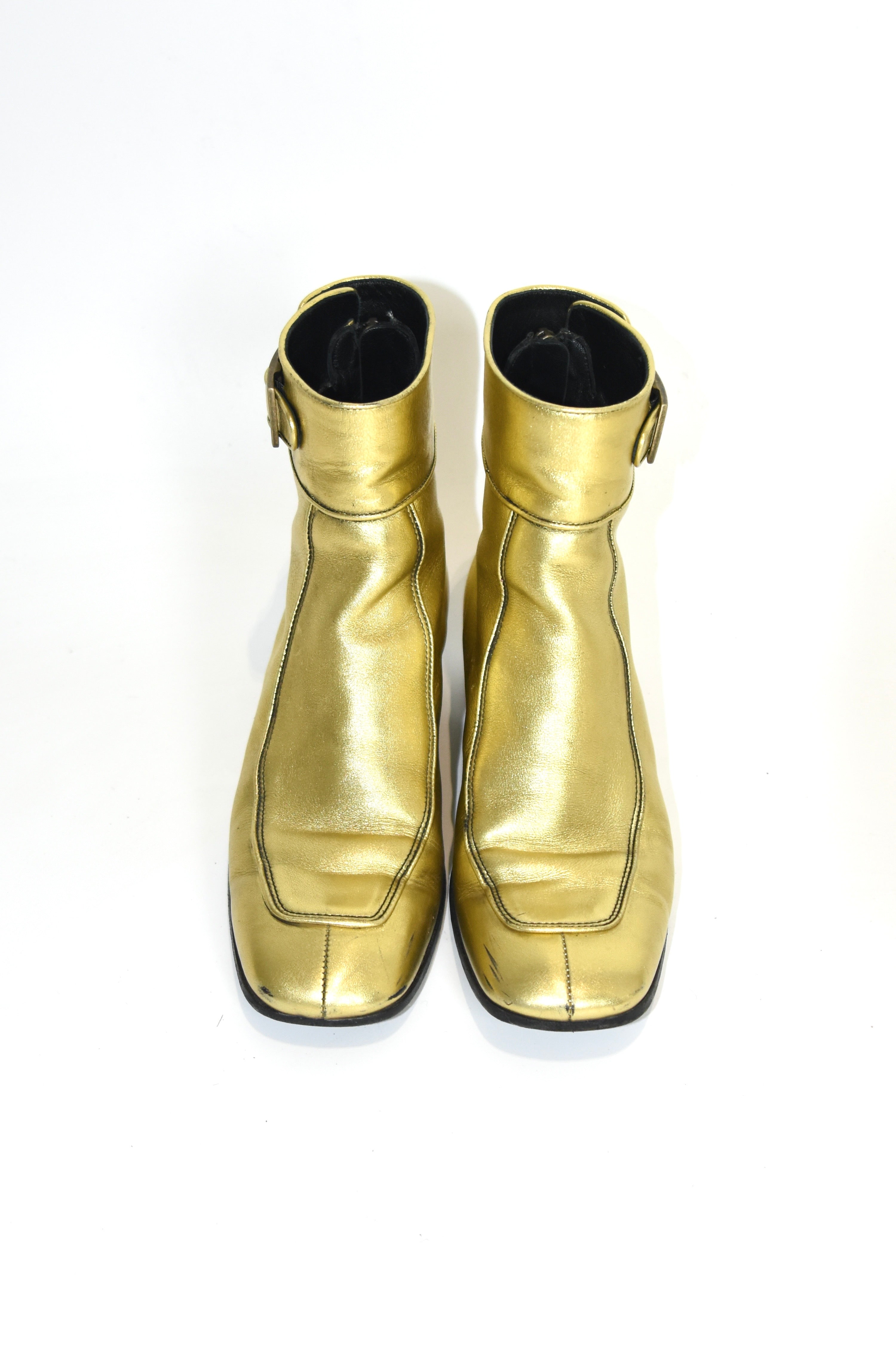 Saint Laurent Gold Sculpted Leather Ankle Boots