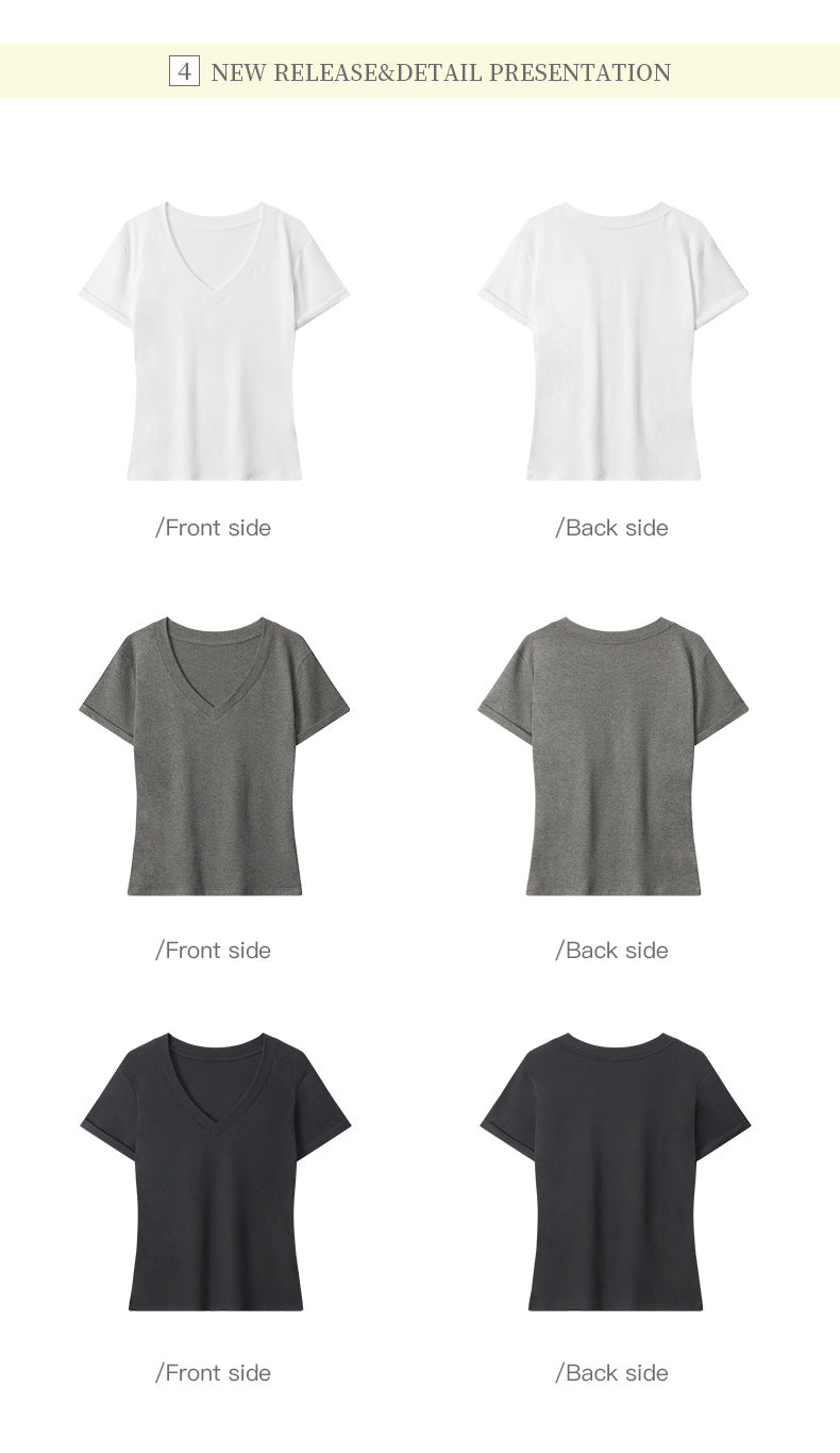 Simple Hot Girl Slimming Solid Color Top Slim Fit V Versatile Basic Short Sleeve Shirt T Women's T-shirt