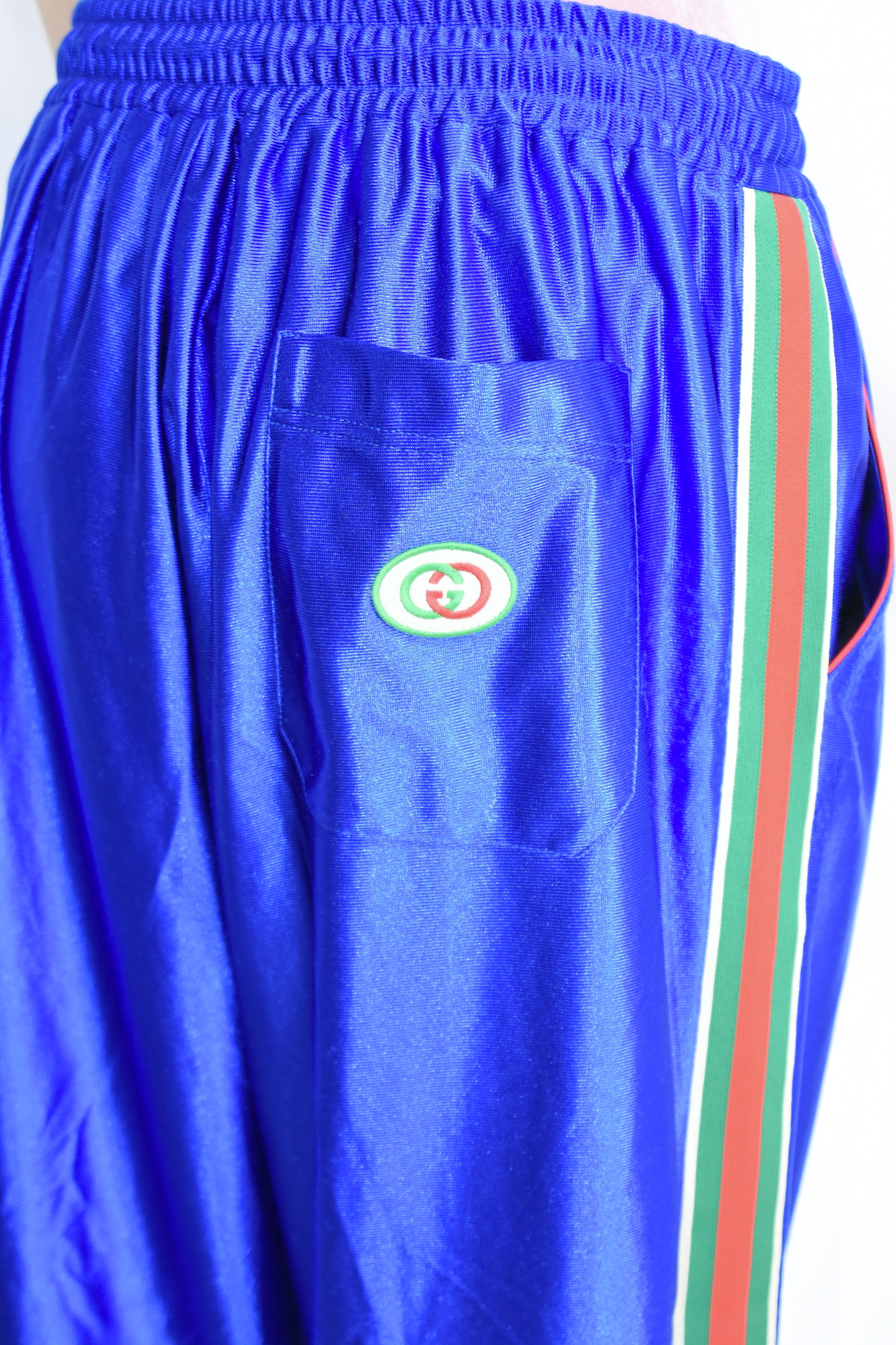 Gucci Blue Satin Track Pants with Web Stripe – Alessandro Michele Era Silk-Look Jogger Trousers