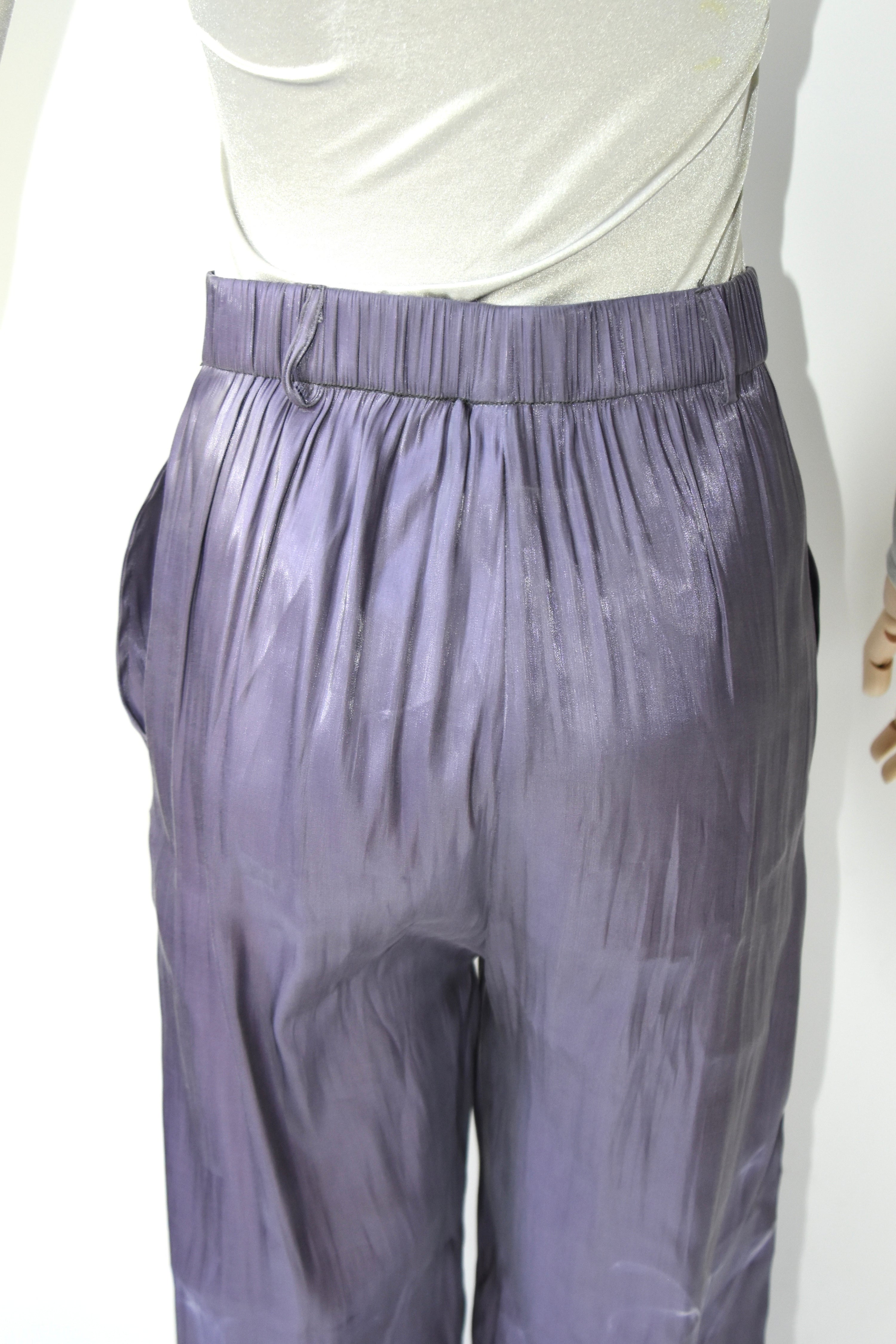 1200AM Purple Silk Lightning Print Flared Wide-Leg Trousers – Elastic Waist Statement Piece
