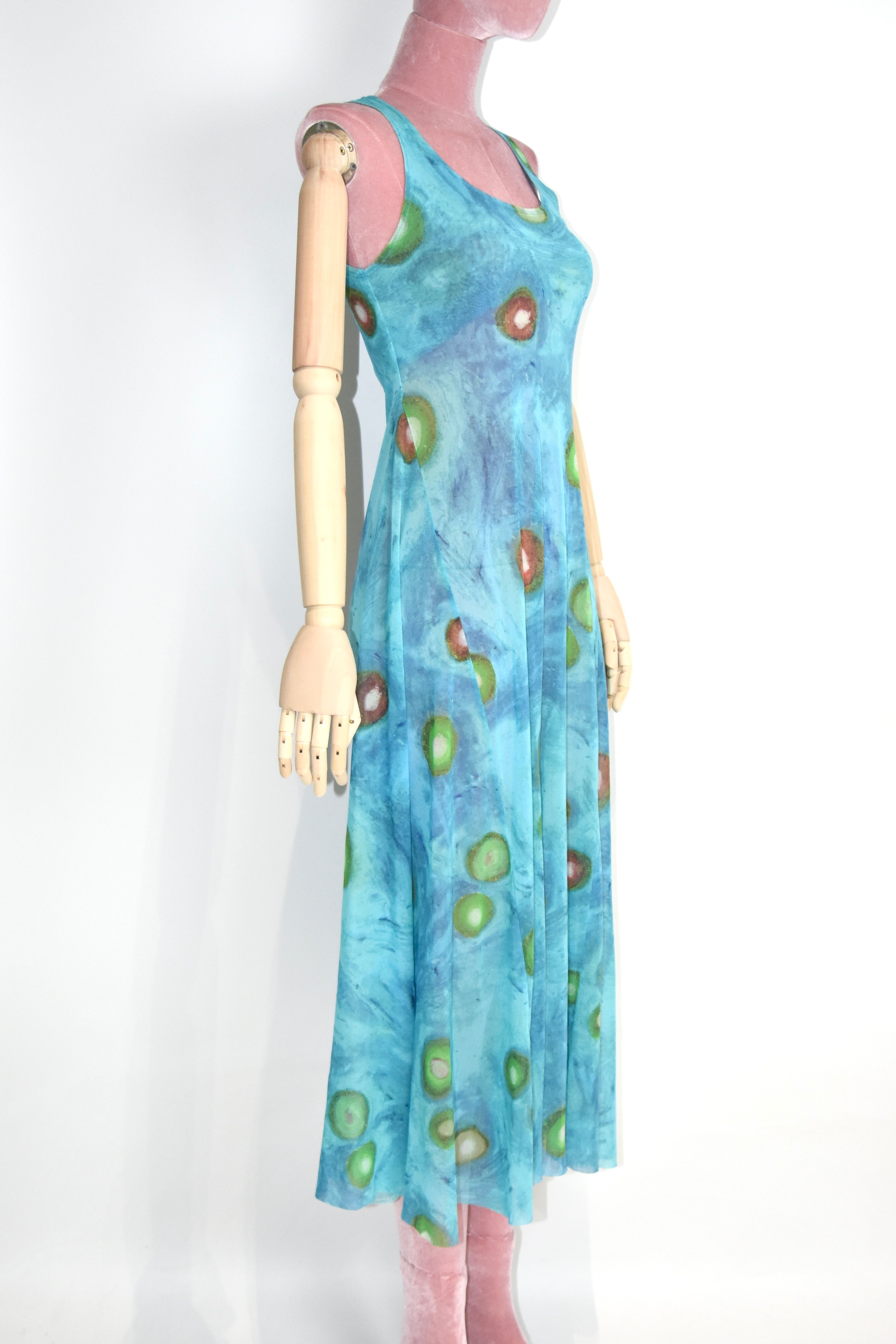 ISSEY MIYAKE Vintage Stretch Mesh Printed Tank Maxi Dress – Water Abstract Motif (Fits Women S–M)