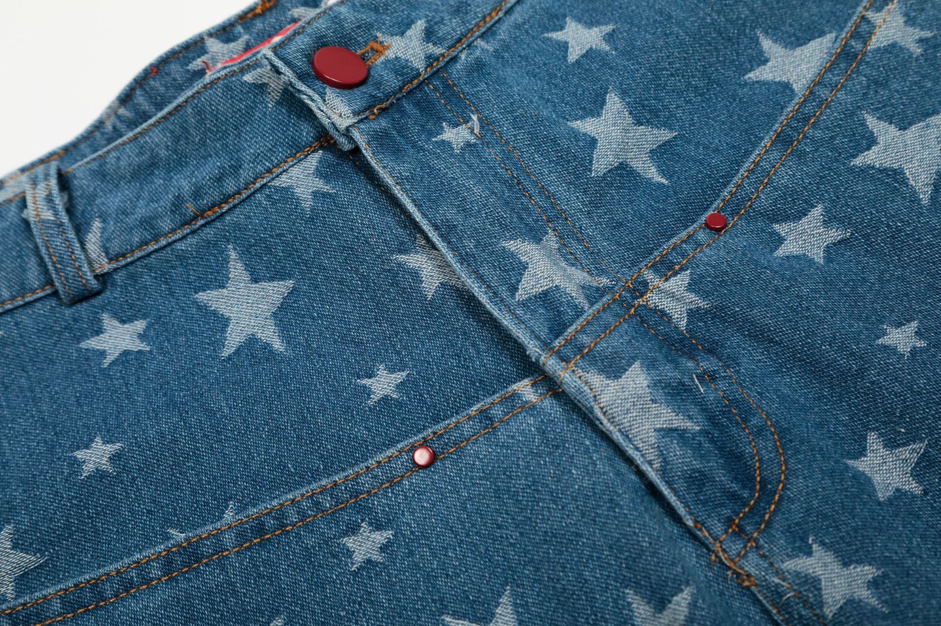 Blue and Bllack Y2K Stars Denim Shorts Straight Jeans