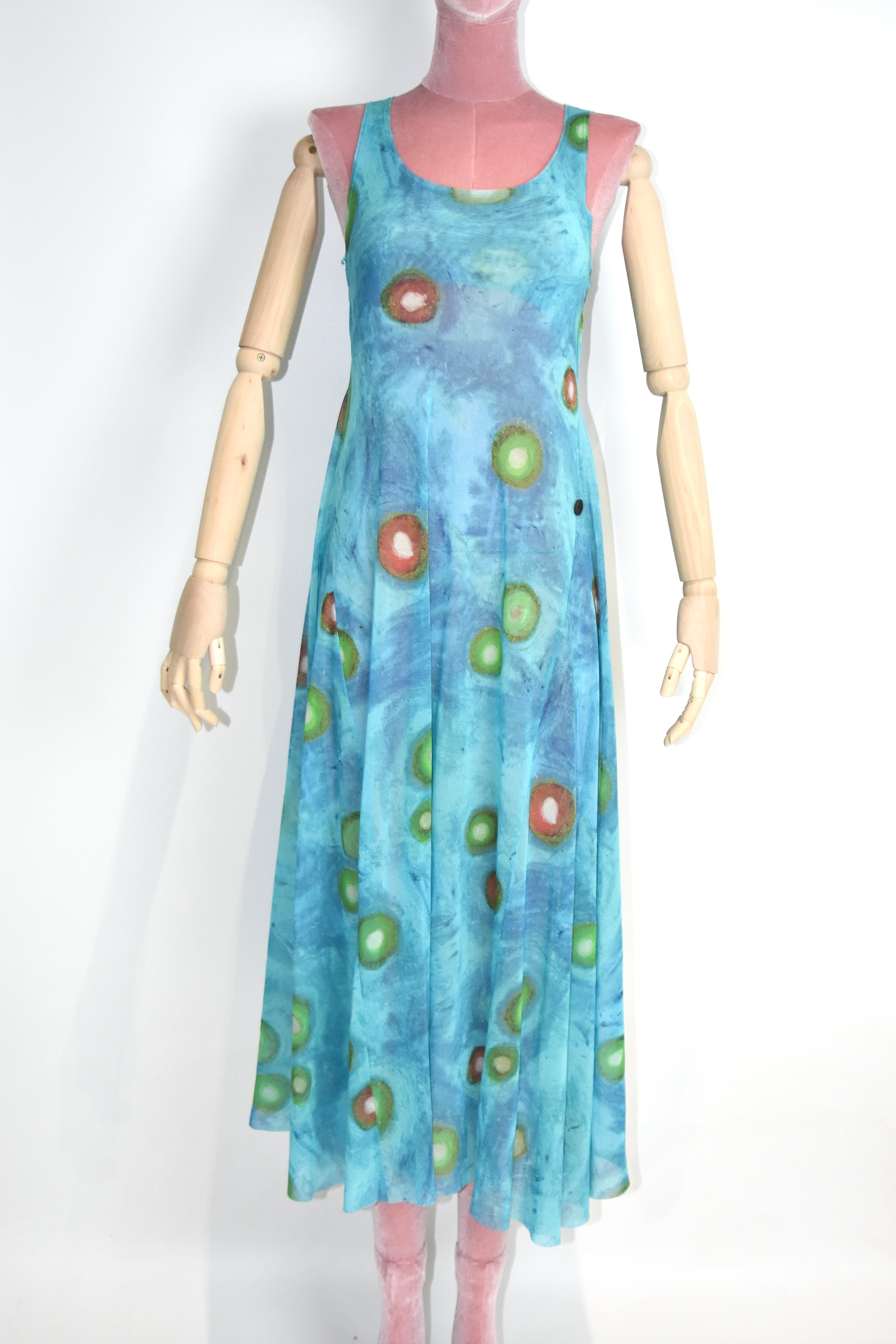 ISSEY MIYAKE Vintage Stretch Mesh Printed Tank Maxi Dress – Water Abstract Motif (Fits Women S–M)