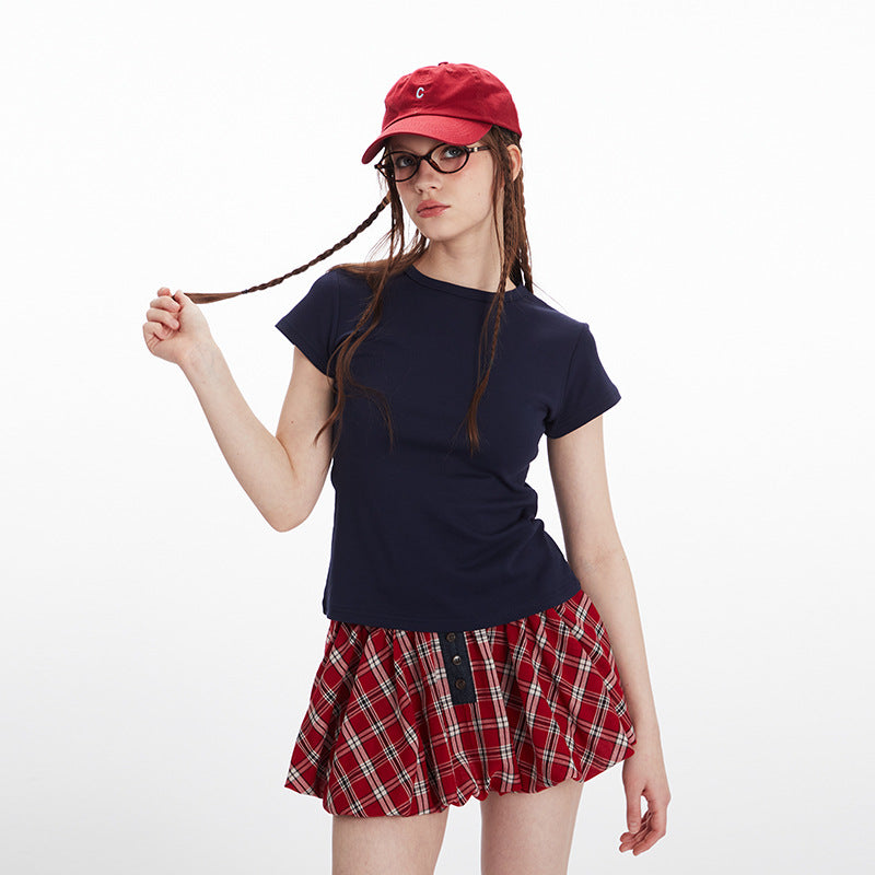 Basic Style Solid Color t Women's Short Sleeve Slim Fit Round Neck Short Top Summer