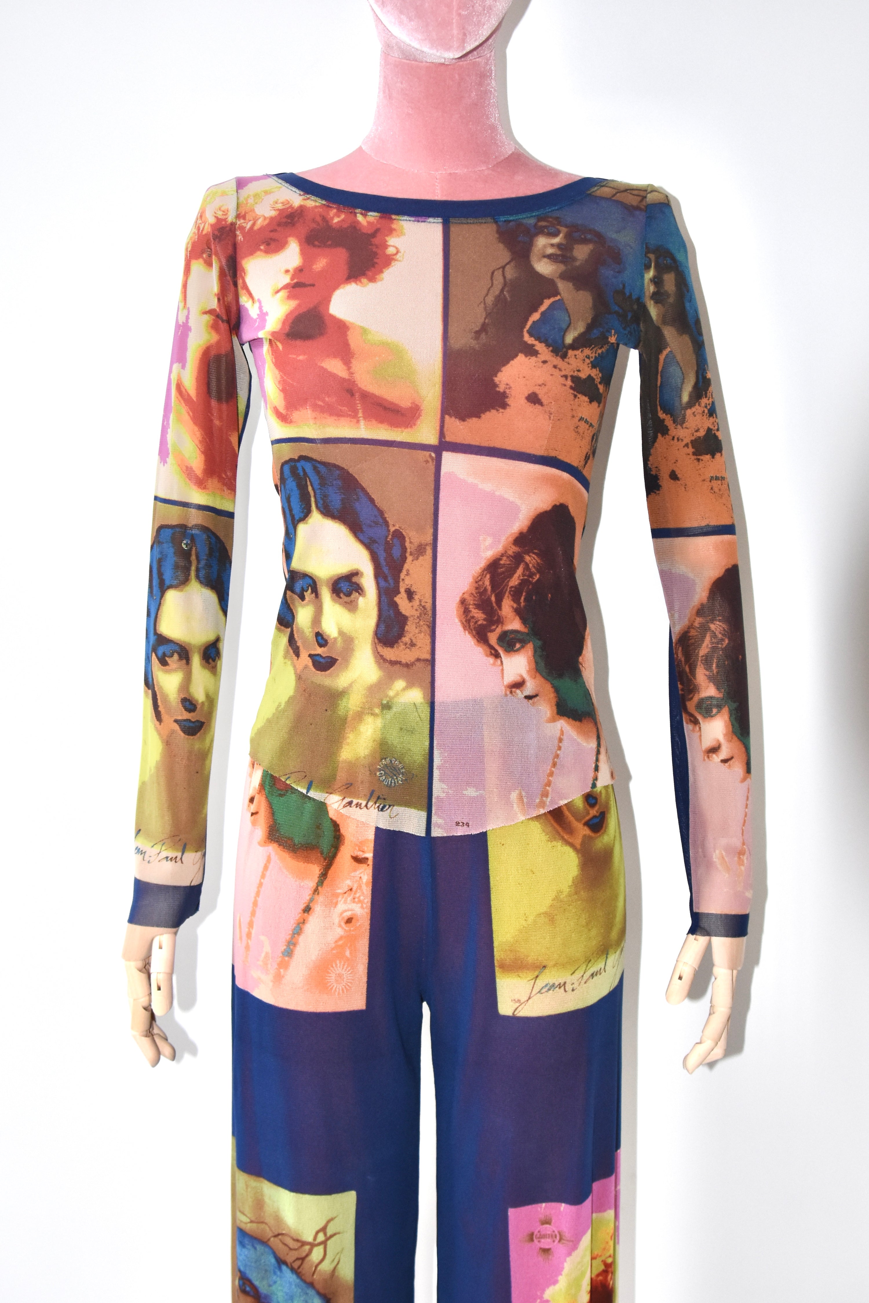 Jean Paul Gaultier S/S 2002 “Portrait Print” Mesh Long Sleeve Top