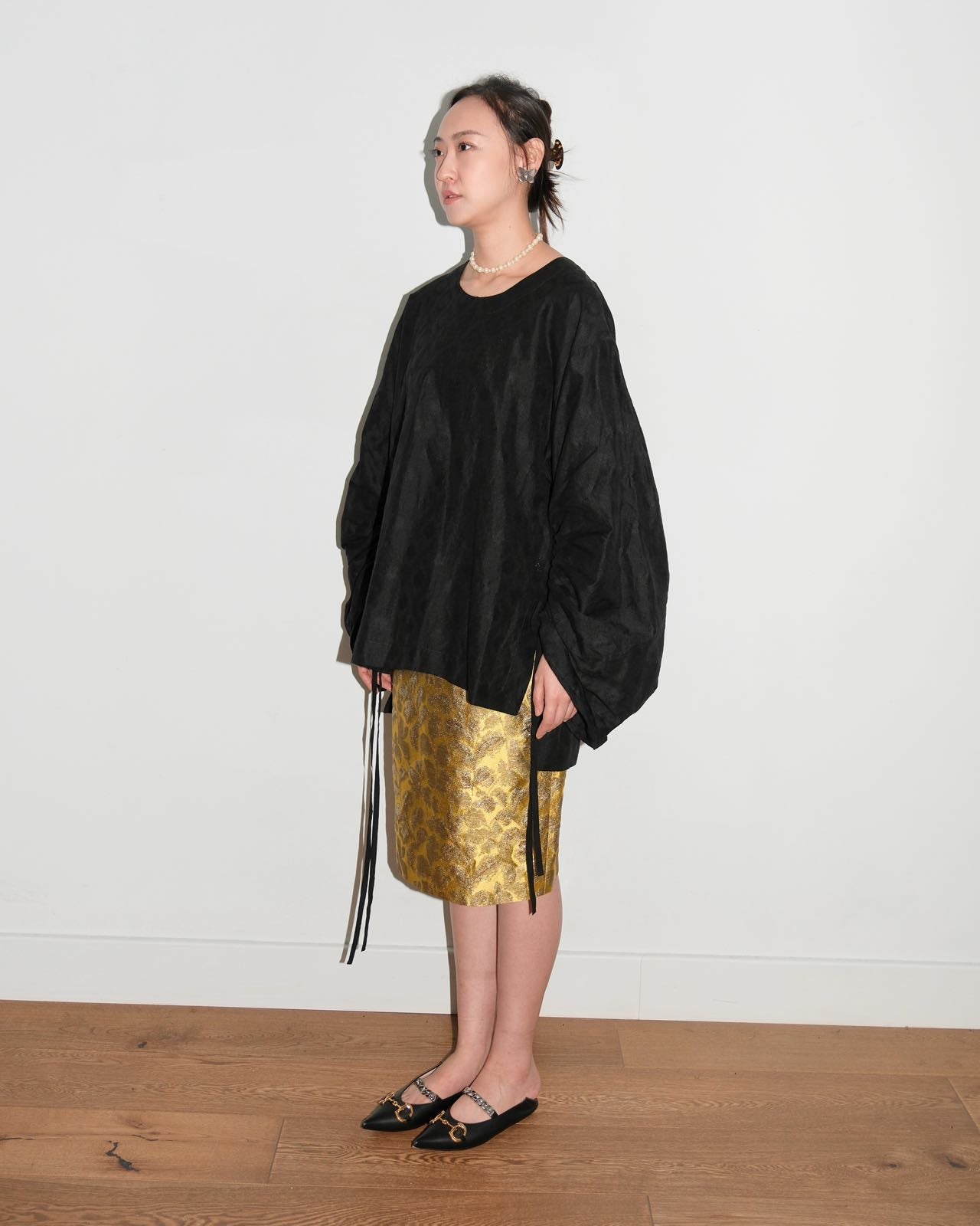 UMA WANG “TOIVO” Black Ruched Sleeve Top
