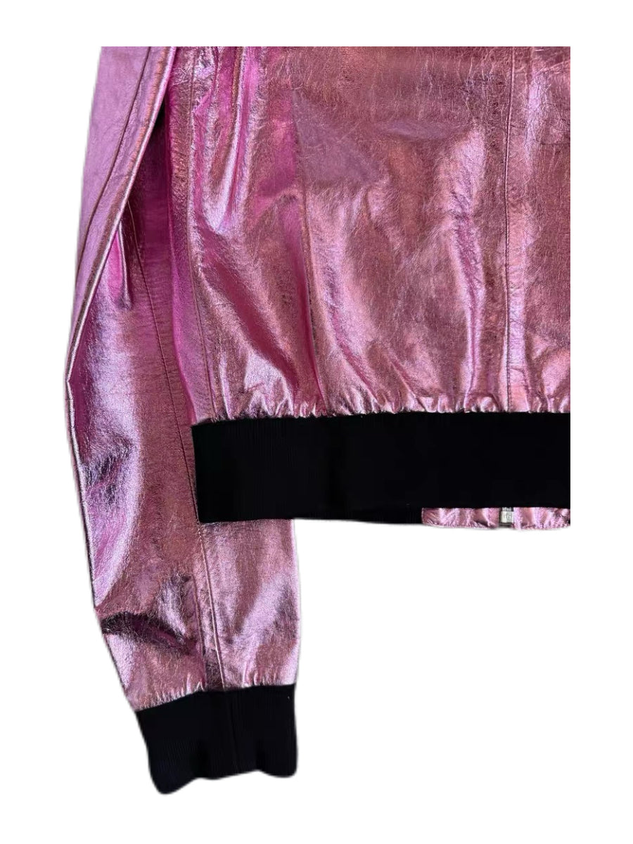 MIU MIU Metallic Pink Leather Bomber Jacket