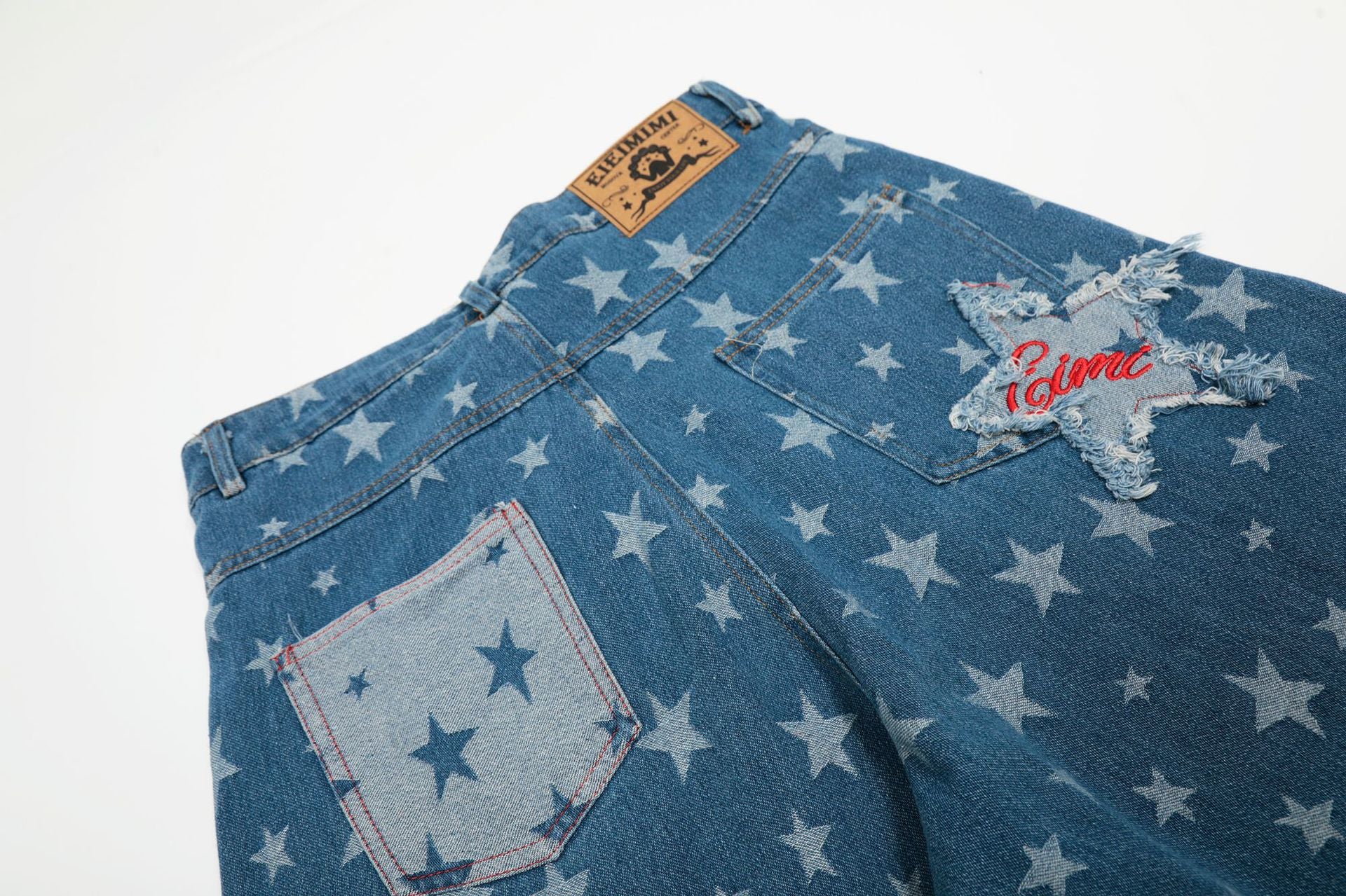 Blue and Bllack Y2K Stars Denim Shorts Straight Jeans