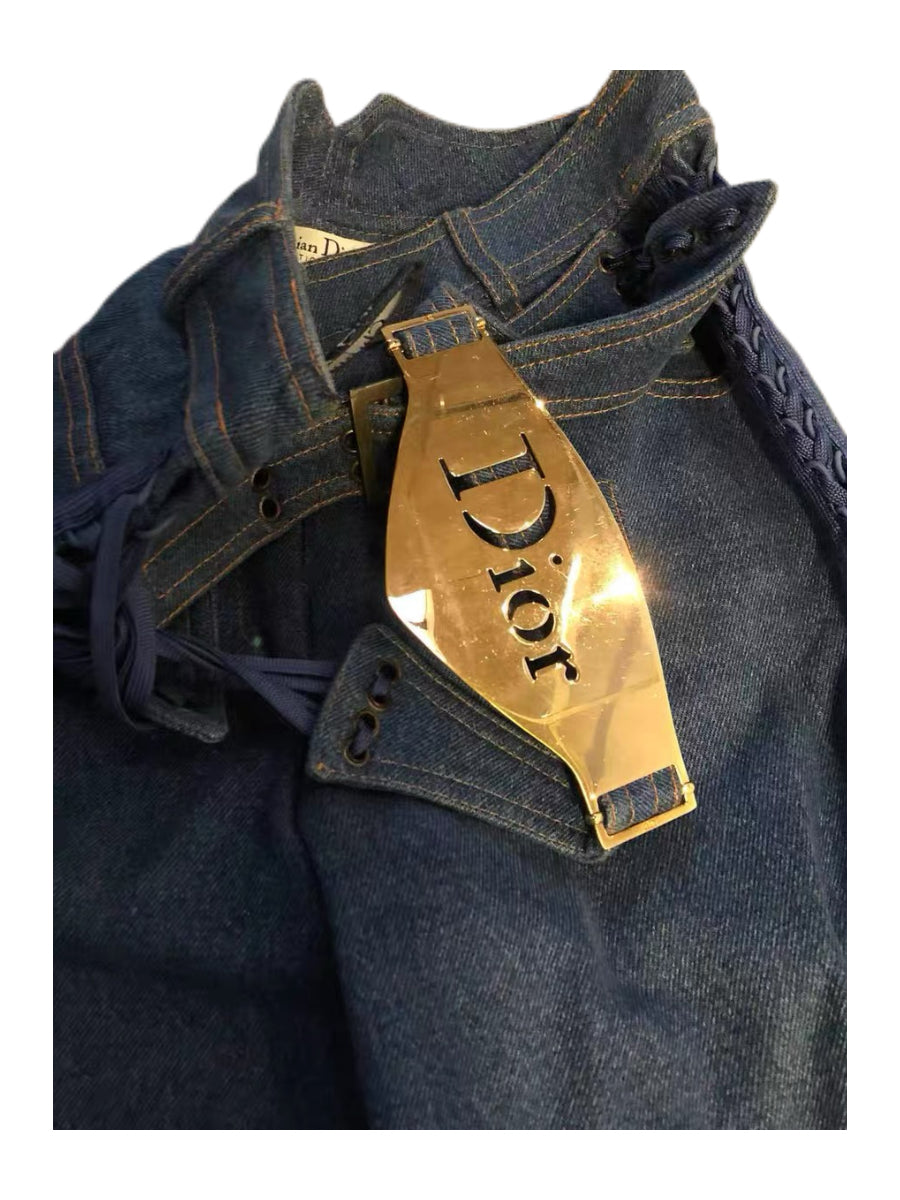 CHRISTIAN DIOR BY JOHN GALLIANO 2002 Runway Embroidered Denim Lace-Up Trousers with Mother-of-Pearl & Metal Waist Plaque