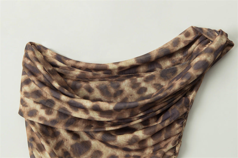Irregular Asymmetrical Neck Hot Girl Ruched Tank Top Leopard Print Sexy Top for Women