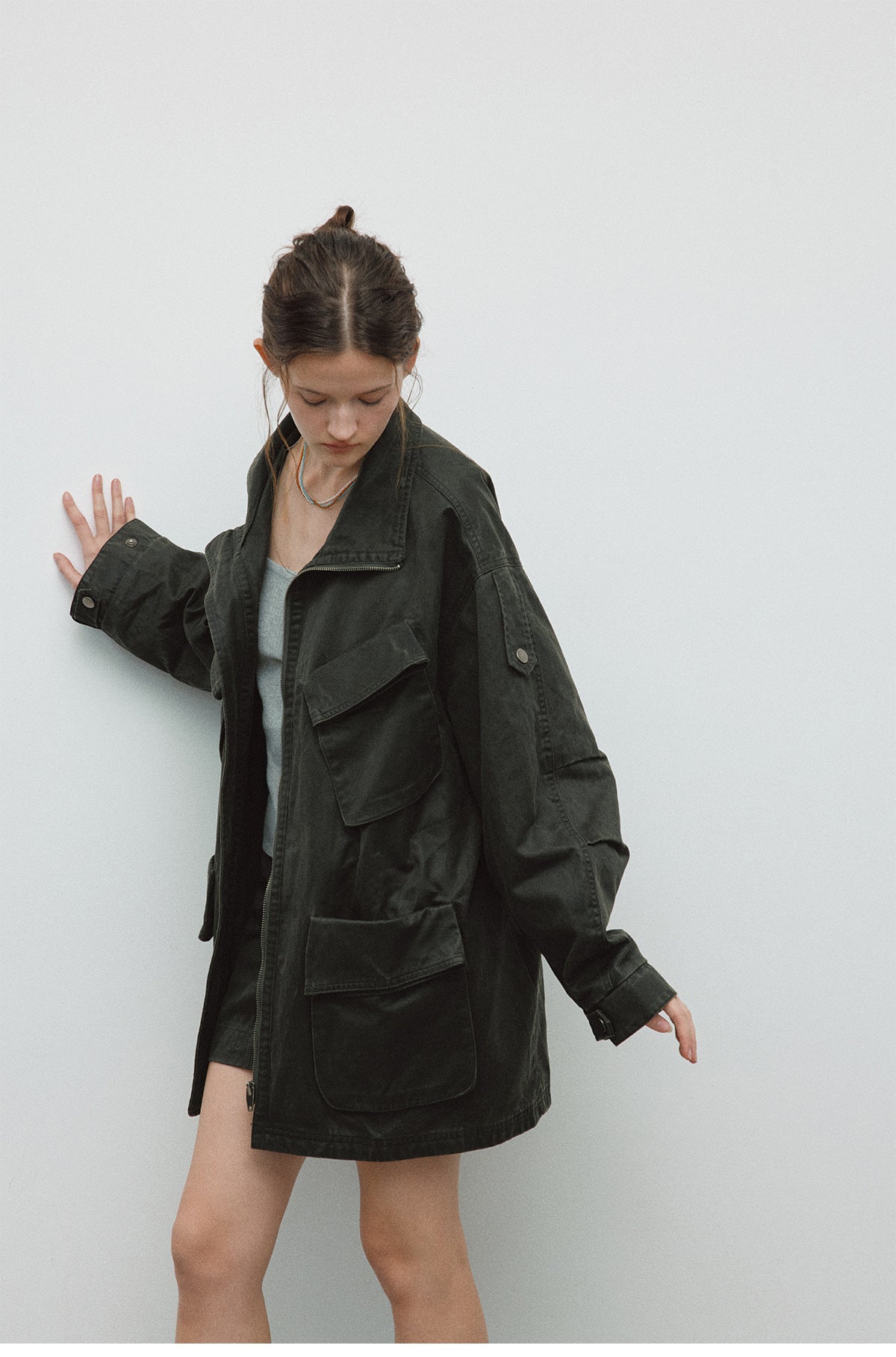 Spring New Casual Turn-Down Collar Vintage Distressed Multi-Pocket Versatile Long Jacket Coat