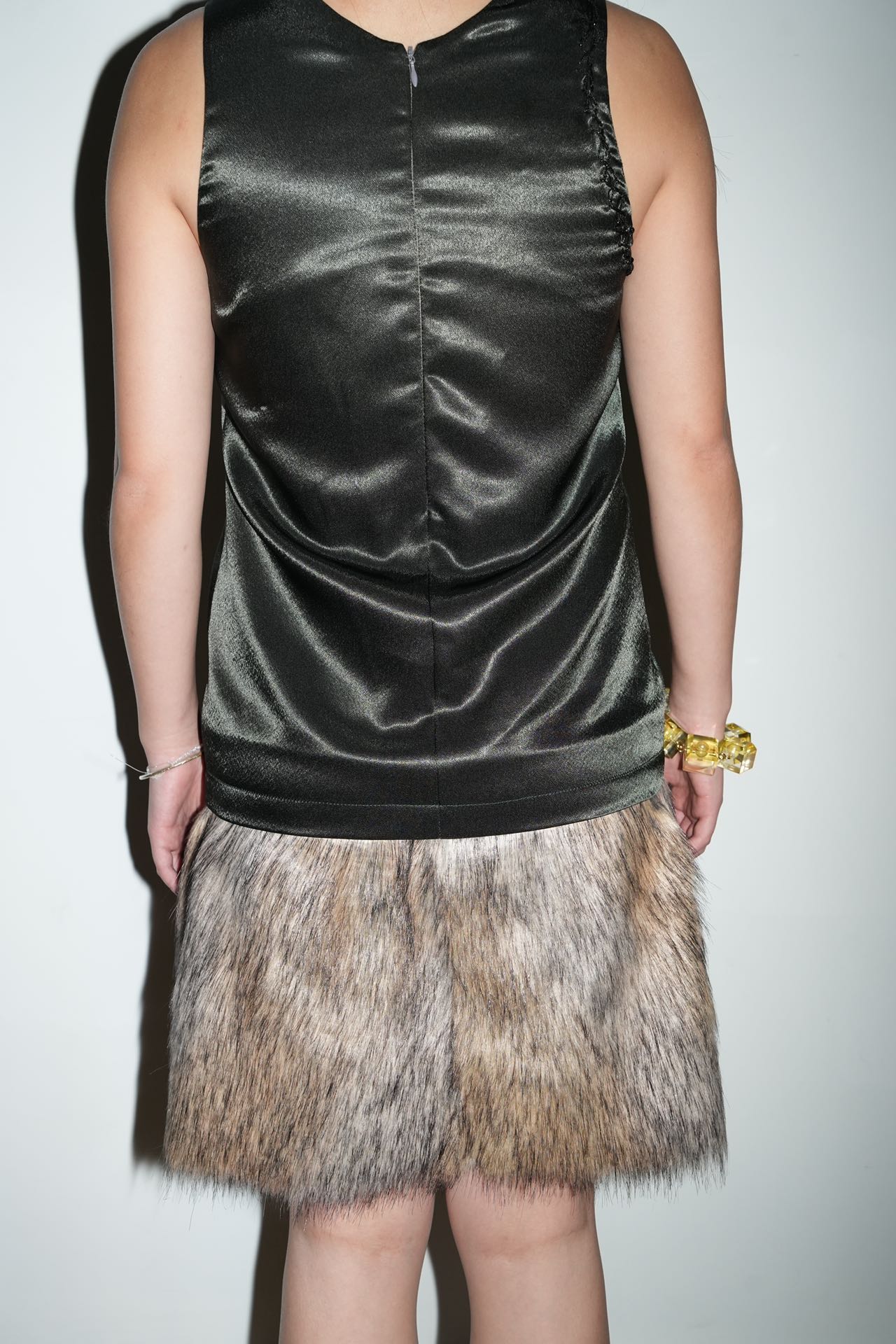 YAONOVA Embellished Satin & Faux Fur Dress