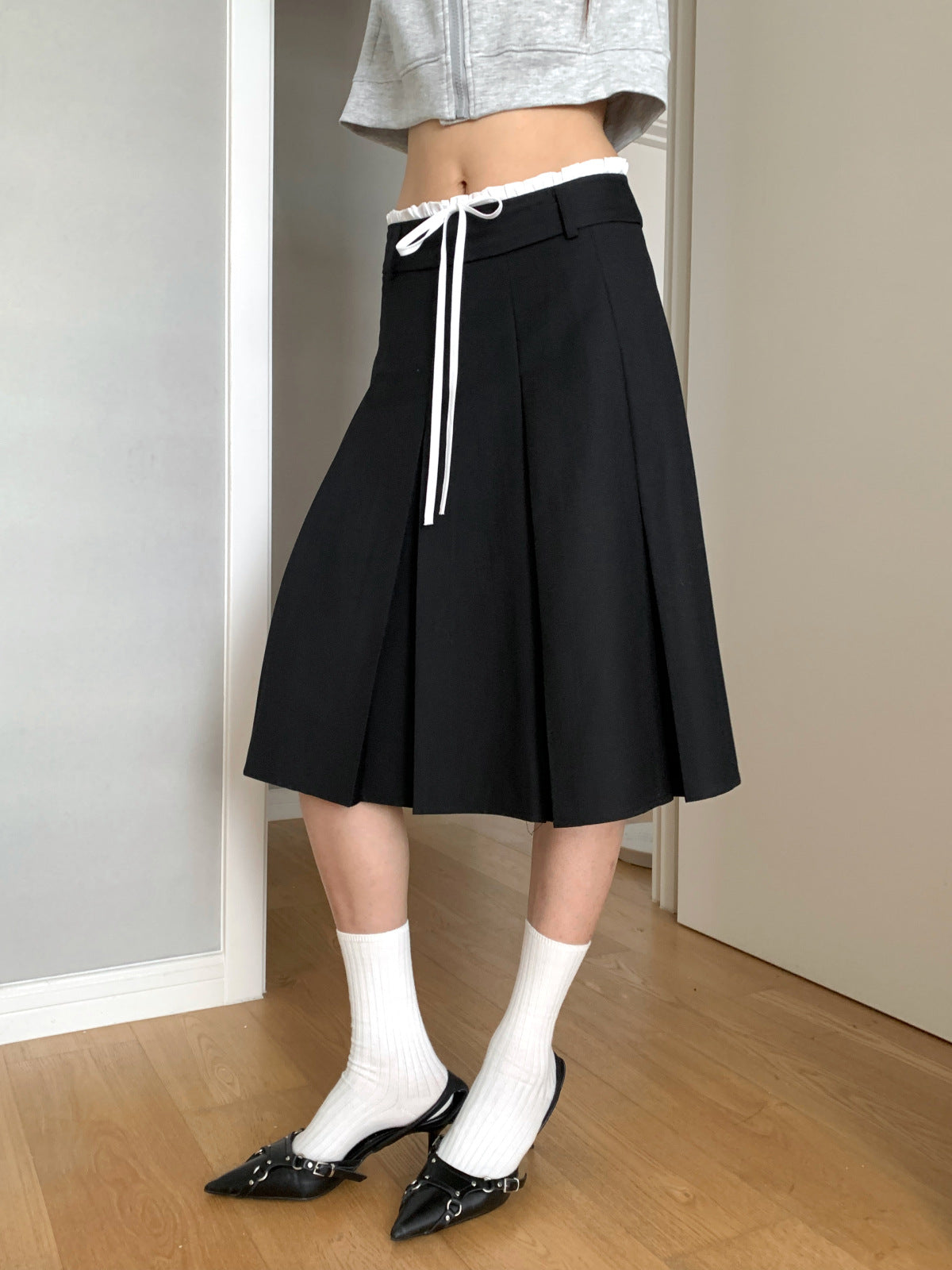 Casual Korean Style Color-Block Drawstring Midi Skirt for Women Autumn Mid-Length A High Waist Slimming Pleated Skirt for Women