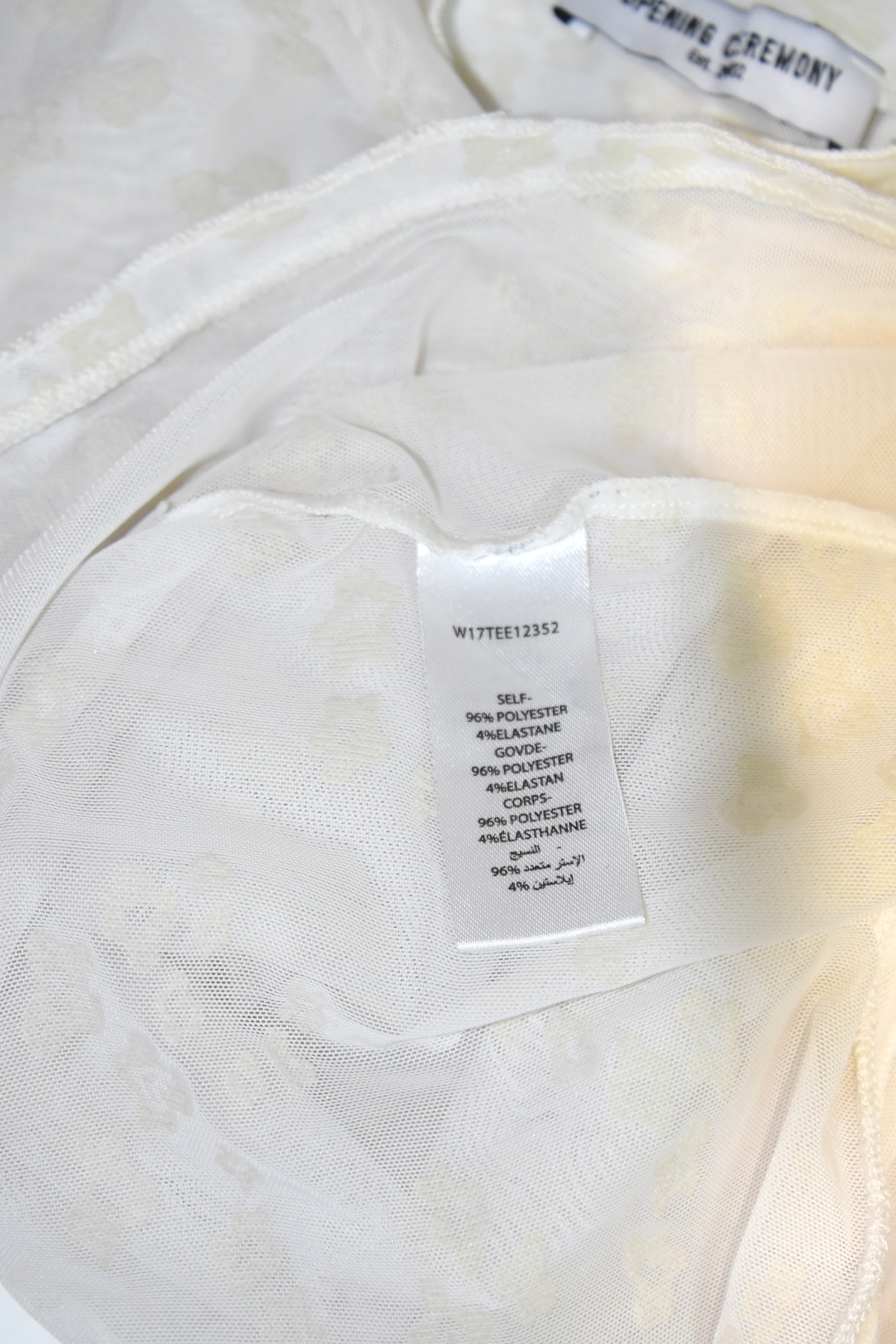 Opening Ceremony Sheer Floral Flocked Mesh T-Shirt – Cream Mock Neck Stretch Top
