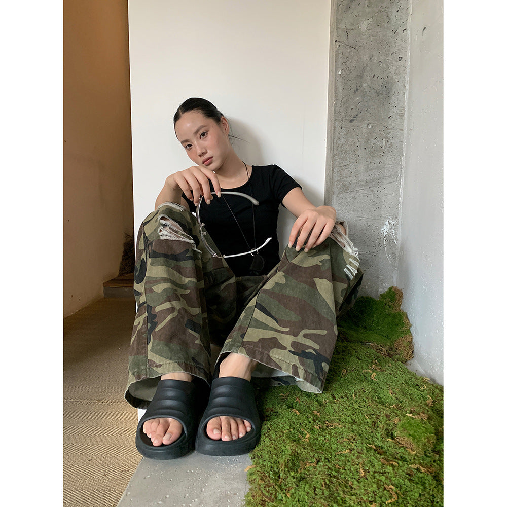 Retro camouflage workwear jeans Summer Ripped Casual Long Pants for Women