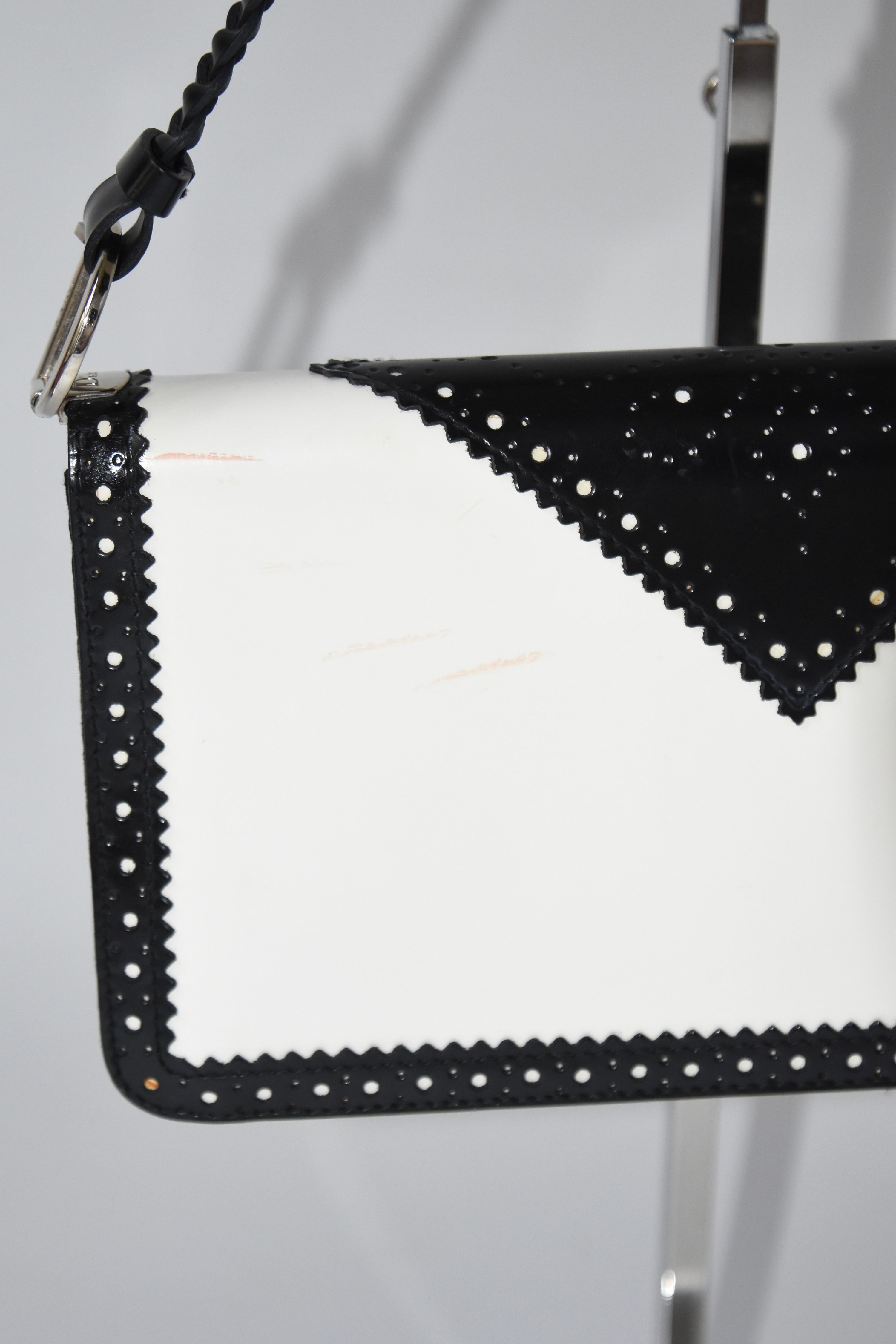 Christian Dior Black & White Pierced Edge Leather Shoulder Bag