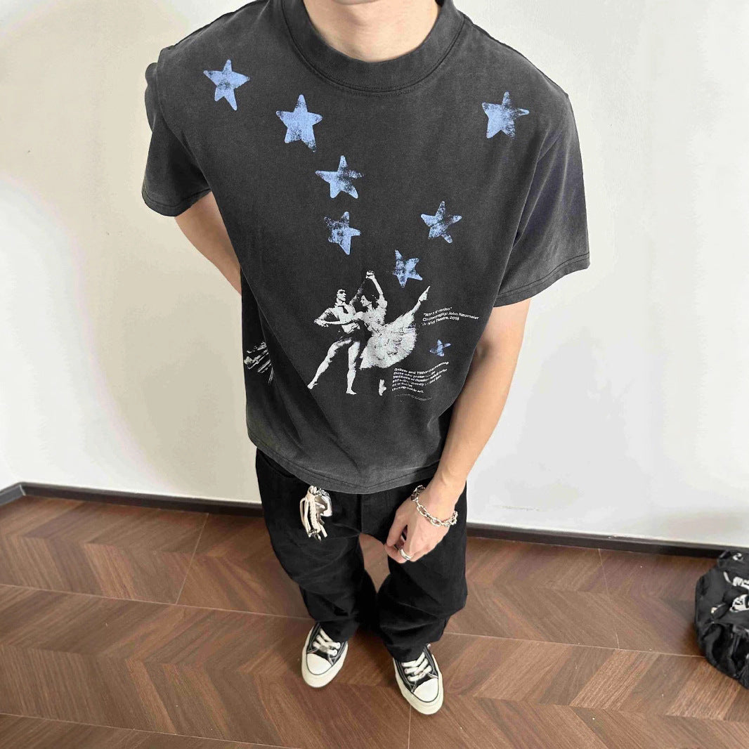 Men's Blue Star Dance Shadow Batik Cotton Washed Vintage Distressed Craft Print Summer Short Sleeve T-shirt