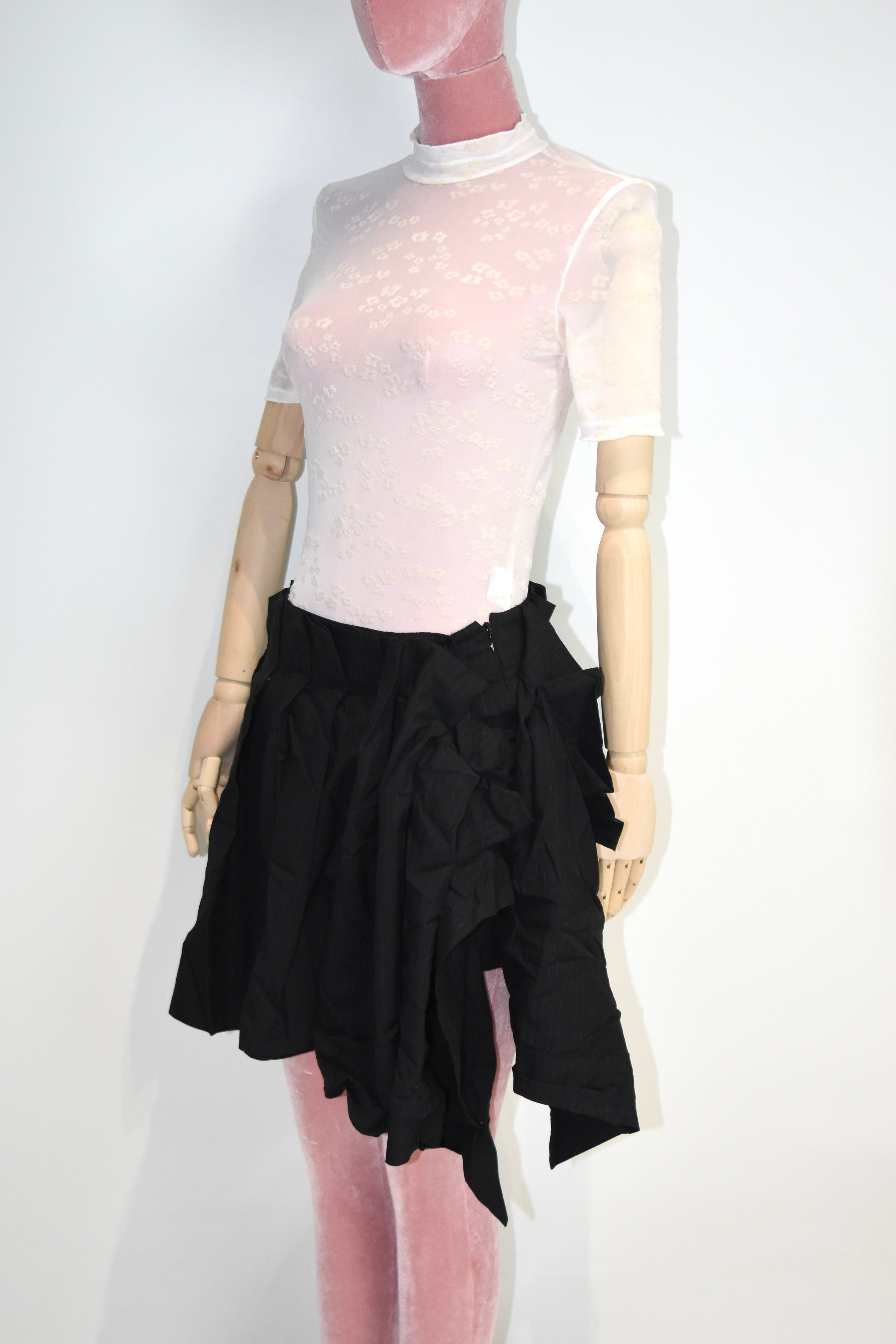 Vivienne Westwood Red Label Asymmetric Pleated Mini Skirt – Black Pinstripe Draped Archive Piece