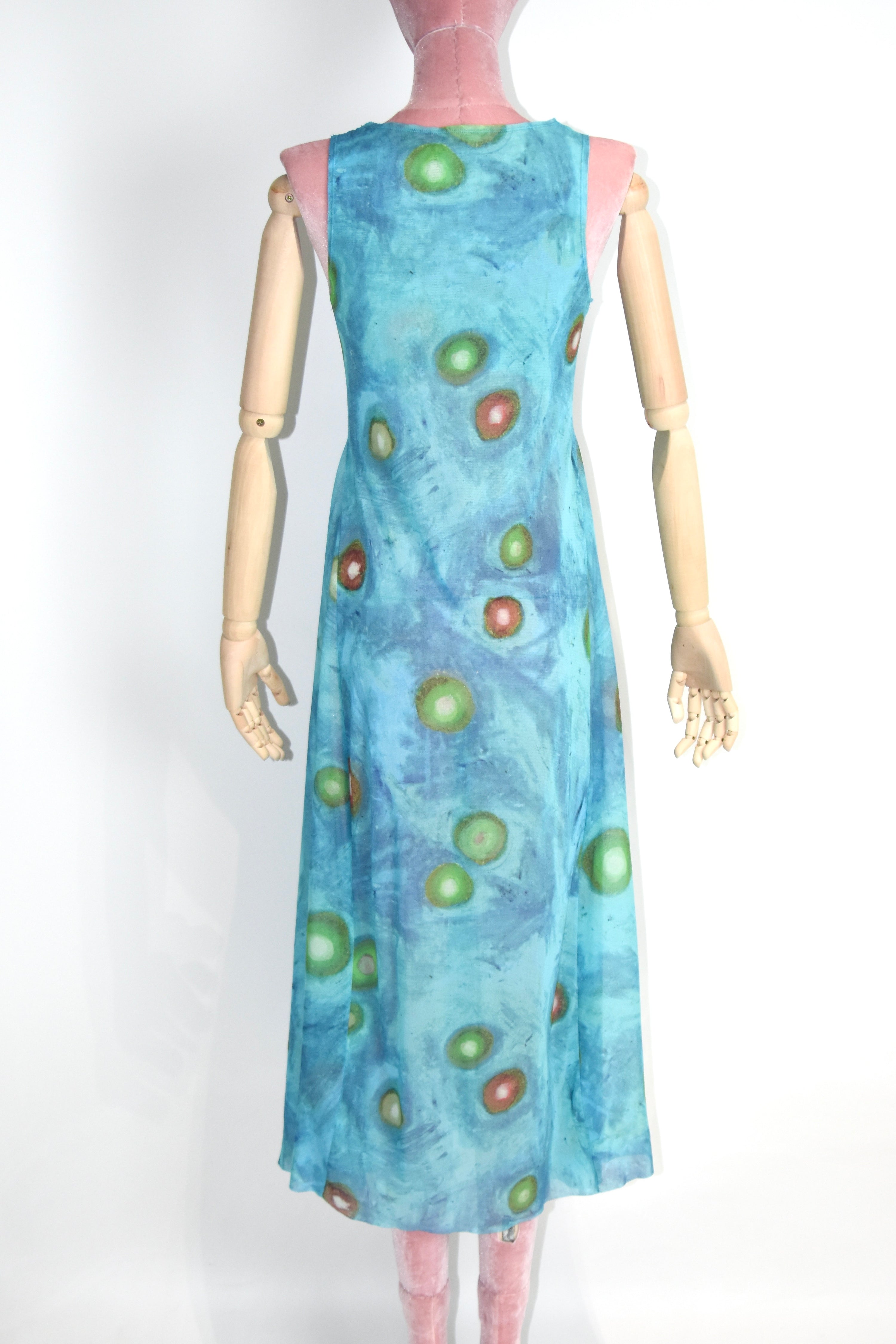 ISSEY MIYAKE Vintage Stretch Mesh Printed Tank Maxi Dress – Water Abstract Motif (Fits Women S–M)