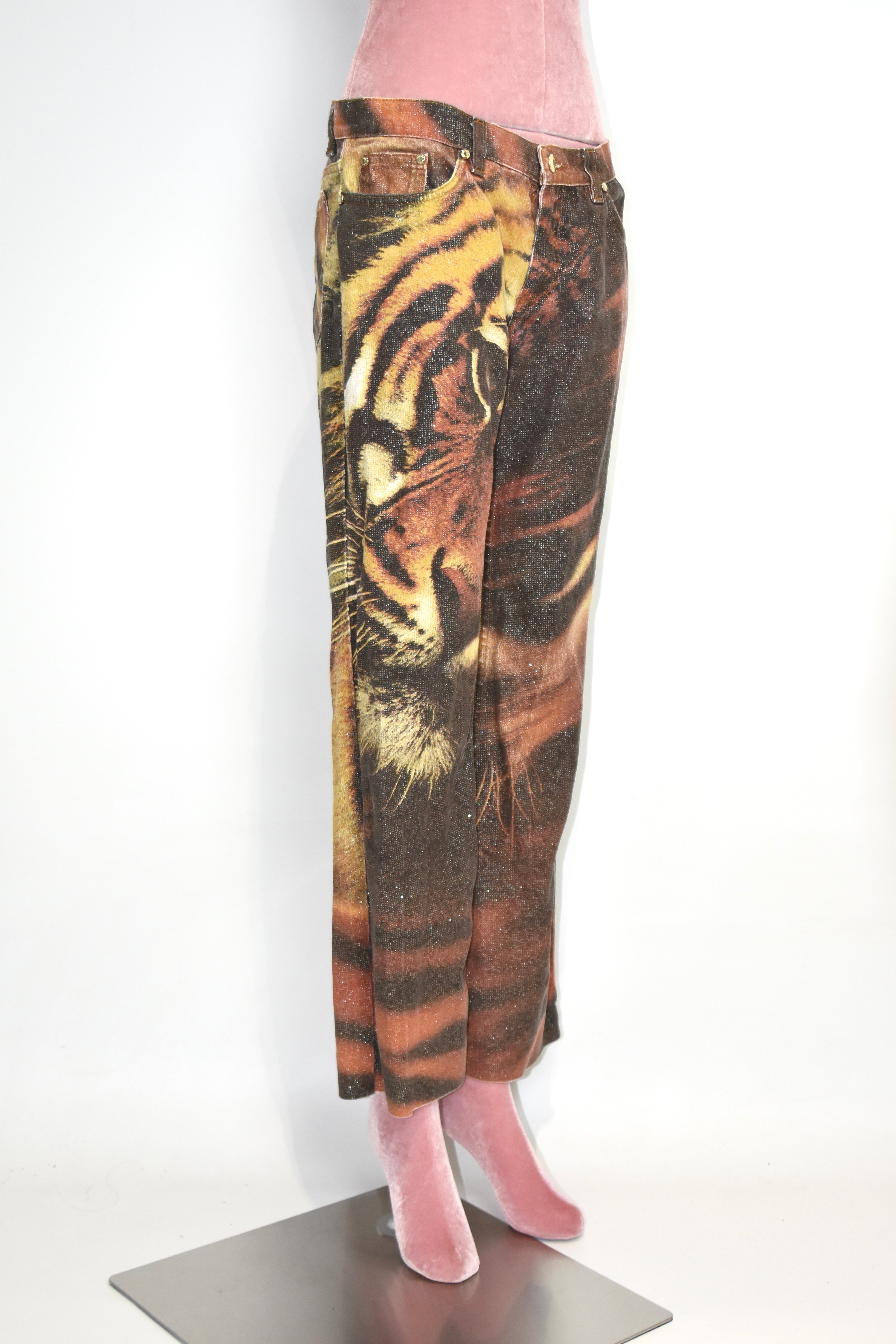 Roberto Cavalli Vintage Glitter Tiger Print Low-Rise Jeans (Rare Y2K Era Statement Denim)