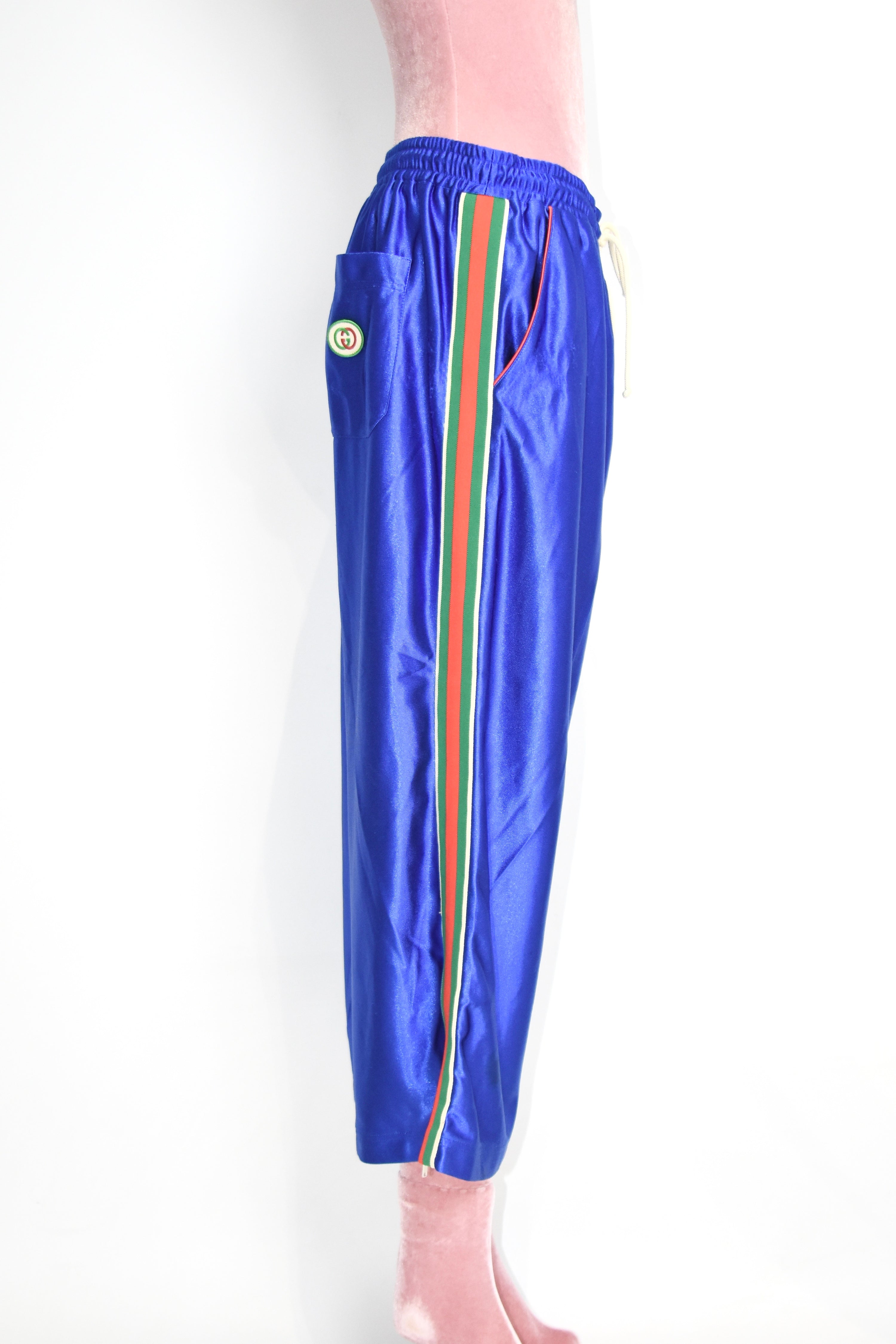 Gucci Blue Satin Track Pants with Web Stripe – Alessandro Michele Era Silk-Look Jogger Trousers