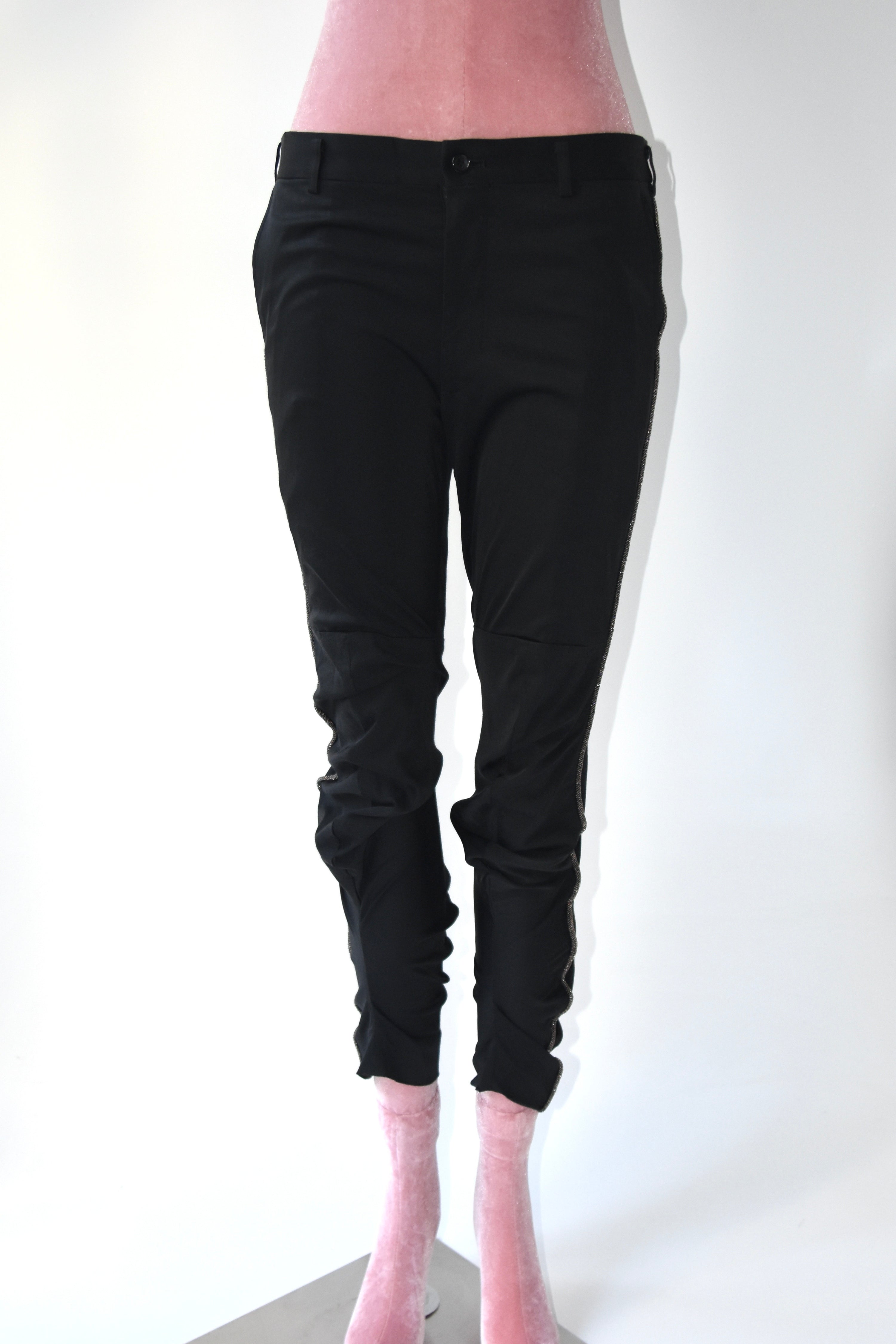 Comme des Garçons AD2010 Twisted Tailored Cropped Pants – Black Sculptural Gold-Trim Vintage Trousers