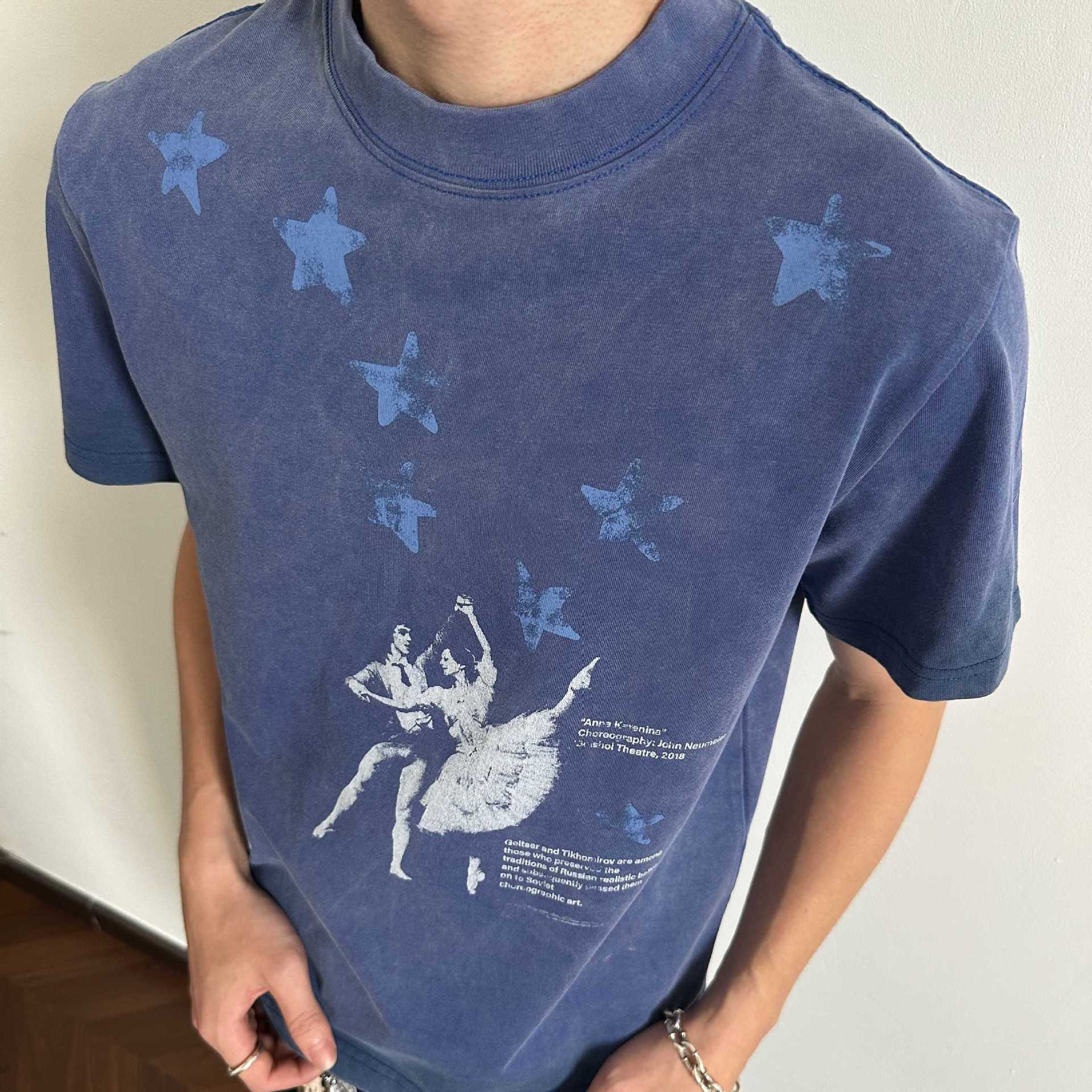 Men's Blue Star Dance Shadow Batik Cotton Washed Vintage Distressed Craft Print Summer Short Sleeve T-shirt