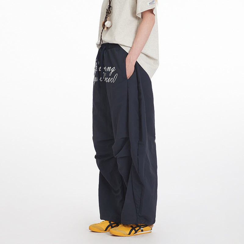 Men's Letter Print Pleated Casual Pants Women's Trendy Loose Cargo Wide-Leg Scimitar Pants
